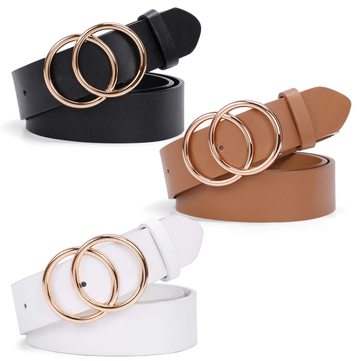 SUOSDEYWomen Leather Belt Fashion Double O-Ring Soft Faux Leather Waist Belts For Jeans Dress