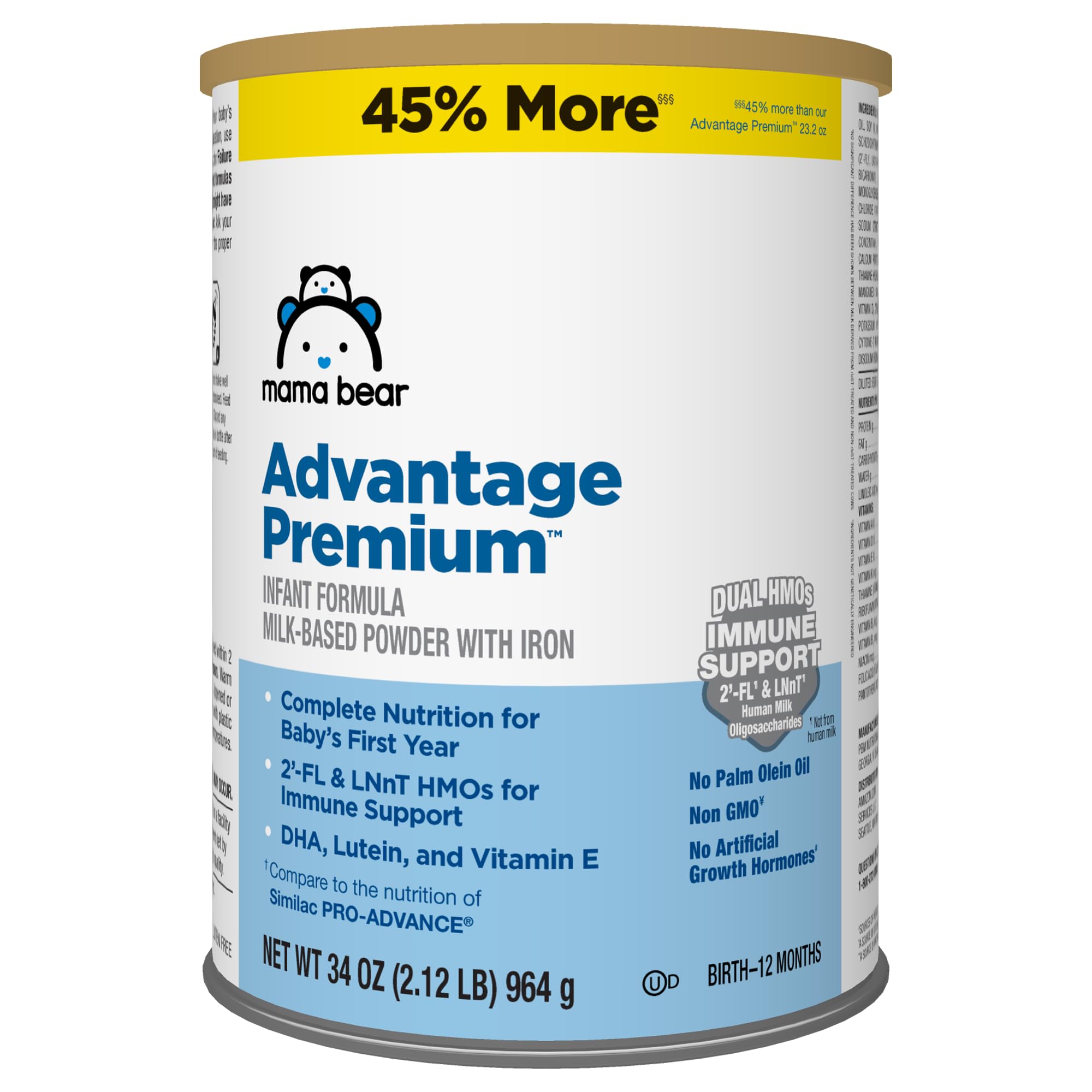 Amazon Brand - Mama Bear Advantage Premium Baby Formula Powder, 2'-FL HMO, LNnT HMOs for Immune Support, Non-GMO, 34 oz (Pack of 1)