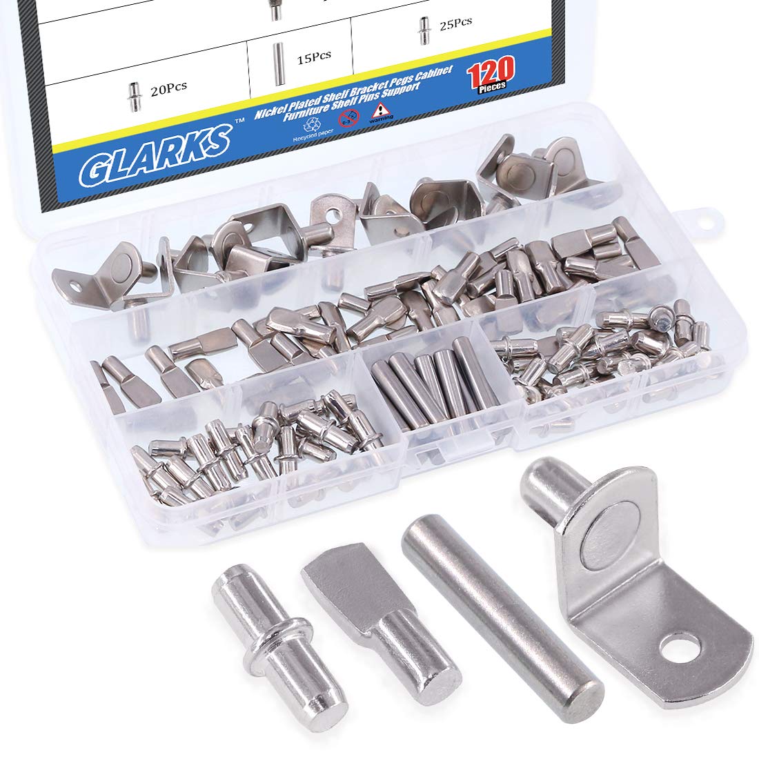 Glarks 120-Pieces 4 Styles Shelf Bracket Pegs Cabinet Furniture Shelf Pins Support Nickel Plated - Silver