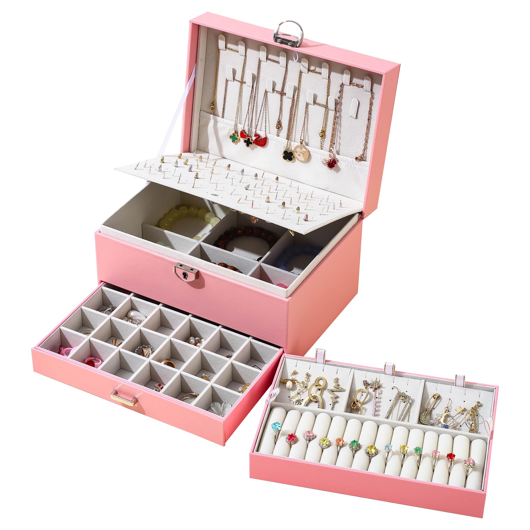 BOOVOEarring Jewelry Box For Women Girl Stud Organizer, 5 Layers Girl Jewelry Organizer Box With Lock Earring Holder Organizer Necklace Ring Jewelry Organizer Box For Girls (Pink)