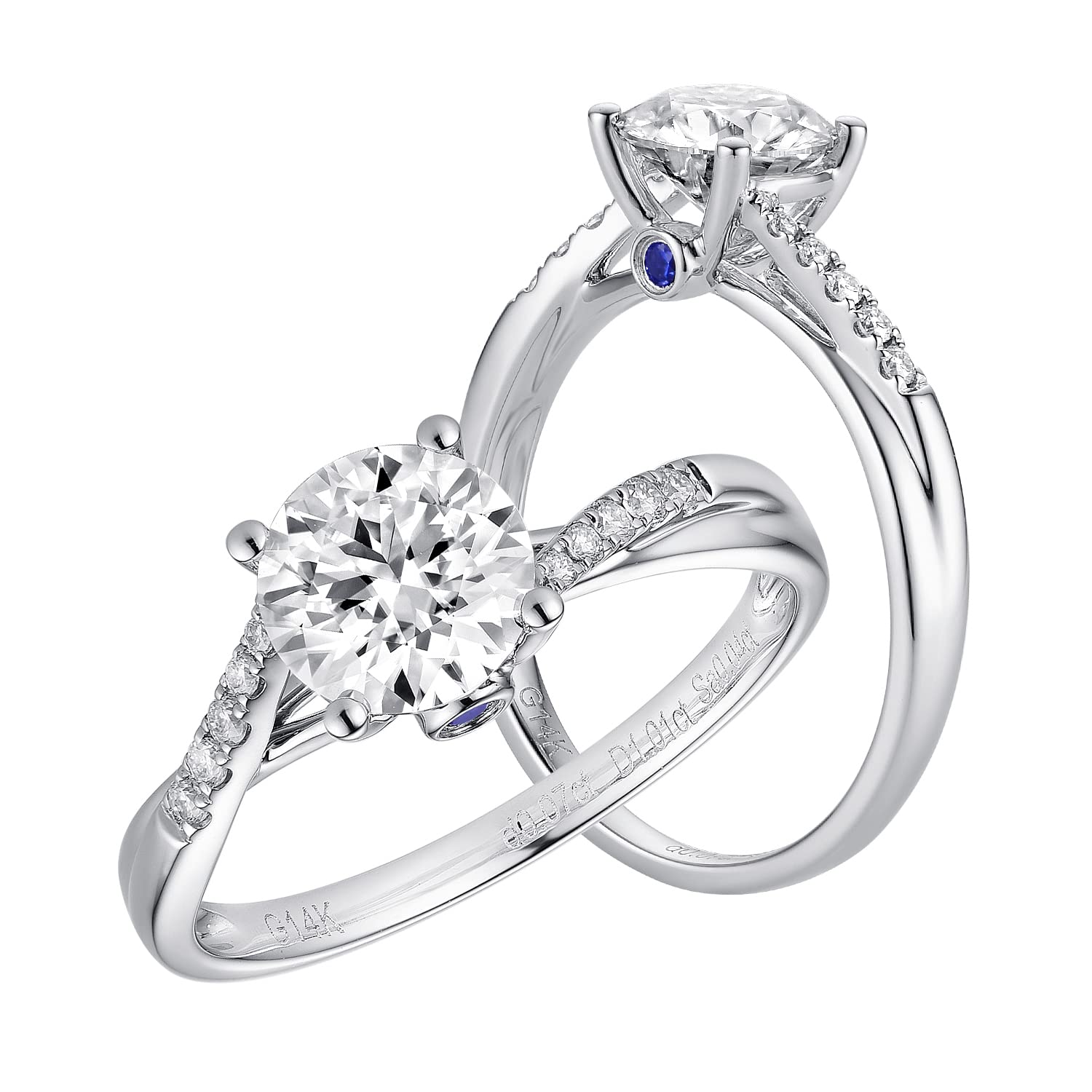 Solid 14K White Gold Center 1ct 6.5mm G-H Color Moissanite Petite Twished Engagement Ring Solitaire with Blue Sapphire&Moissanite Accents for Women Band Width 1.5mm