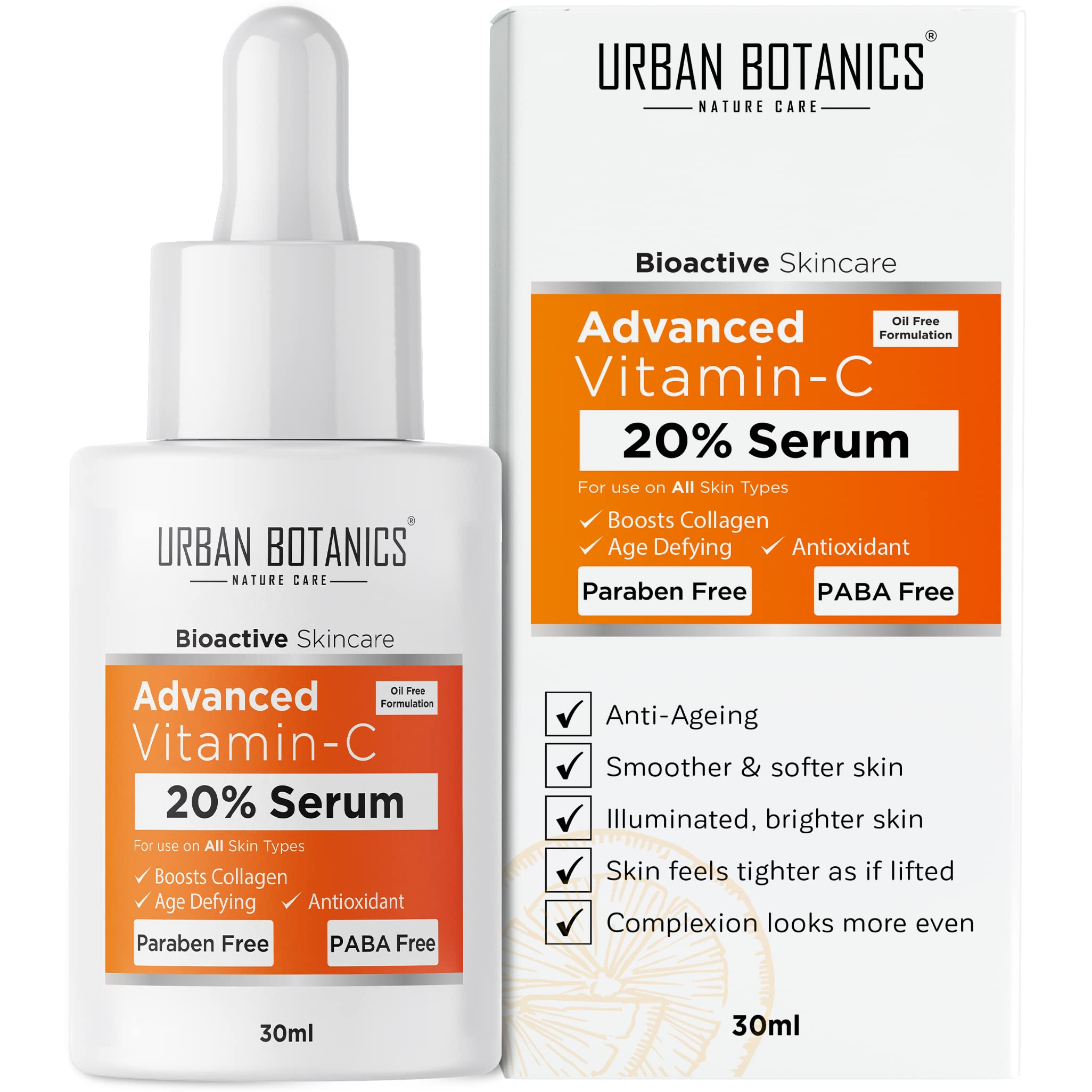 UrbanBotanics Men & Women Advanced Vitamin C Face Serum with Hyaluronic, Ferulic & Kojic Acid, Niacinamide, Green Tea, 30ml