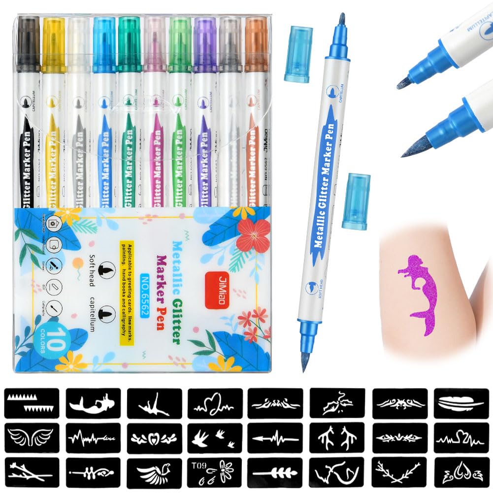 Aomig Temporary Tattoo Pen, 6 Glitter Tattoo Pen Kit with 12 Refills, 9 Stencils and 5 Stickers, Shimmery Art Marker Pens for Kids and Adults Party Festival Dress Up