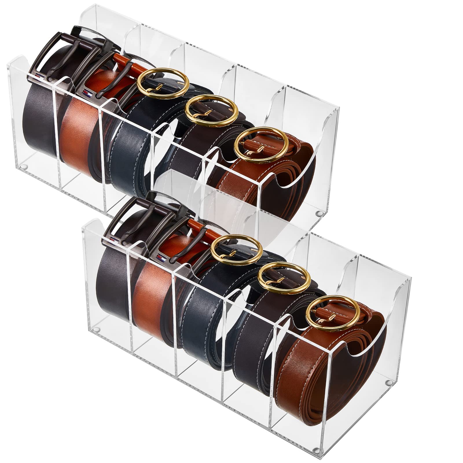 2 Pieces Belt Organizer Clear Acrylic Belt Storage Holder 5 Compartments Belt Display Case Bow Tie Organizer Belt Container Storage Holder for Men Closet Tie Bow Tie Watch Jewelry Cosmetics Makeup