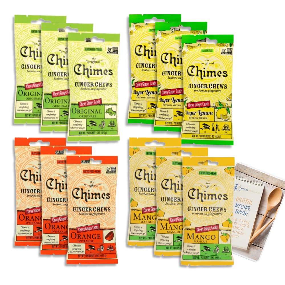 Chimes Ginger Chews Variety Pack of 12 Bundle - 3 of each flavor (Original, Mango, Lemon, Orange) 18 oz total Low Calorie Vegan Gluten free Organic Ginger Chews for Nausea, Morning Sickness, Motion Sickness, Sore Throat Relief