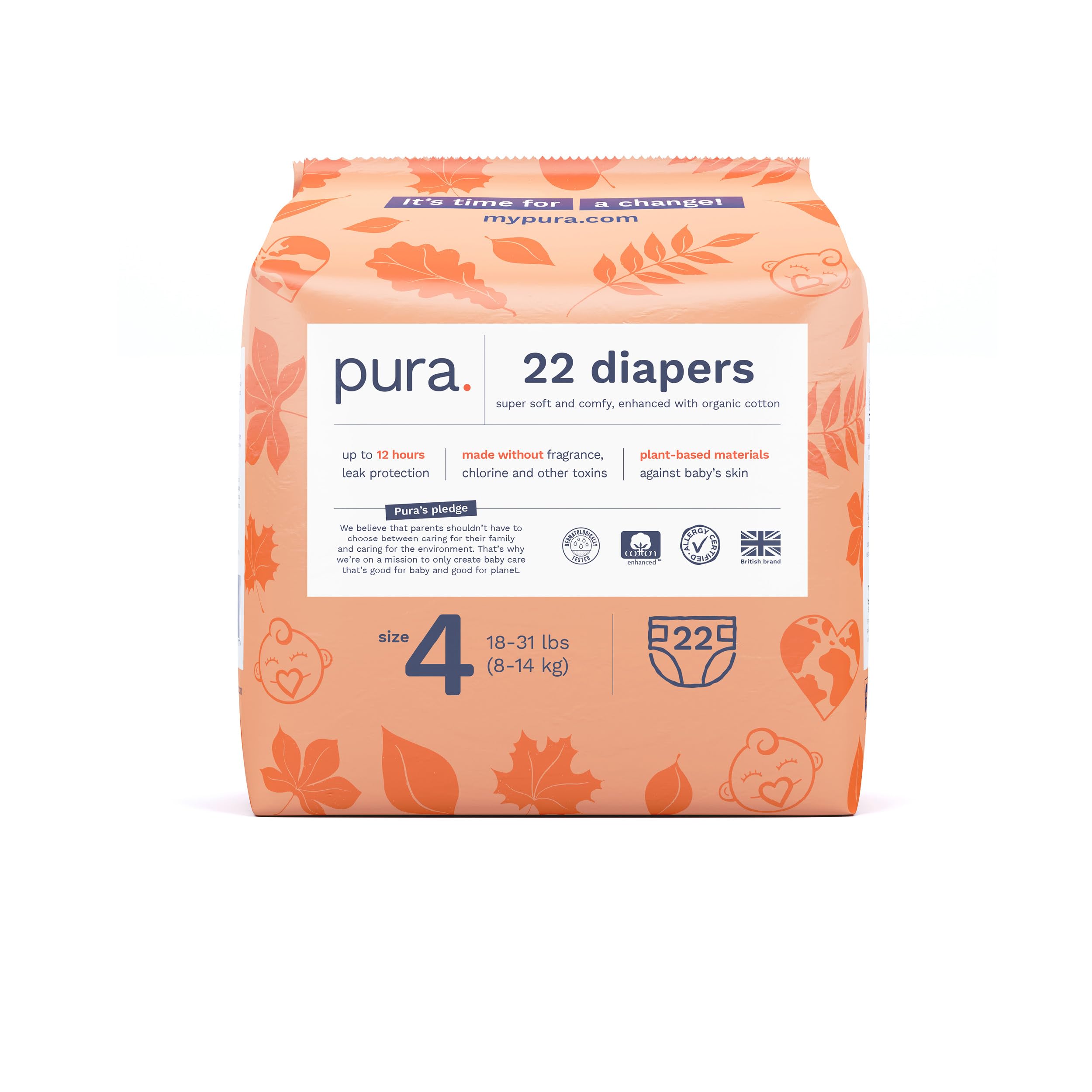 Pura Size 4 Eco-Friendly Diapers (18-31lbs) Totally Chlorine Free (TCF) Hypoallergenic, Soft Organic Cotton, Sustainable Comfort, up to 12 Hours Leak Protection, Allergy UK, 22 Diapers (Pack of 1)