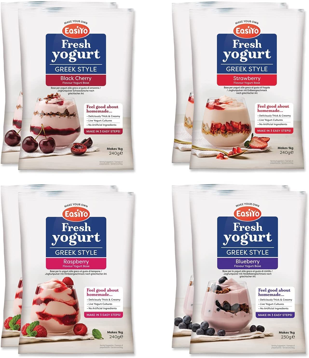 EasiYo Yogurt 8 Sachet Pack | Greek Style Red Fruit Pack | 2 x Greek Style Black Cherry 2 x Greek Style Strawberry 2 x Greek Style Raspberry 2 x Greek Style Blueberry | Each Sachet Makes 1kg of Yogurt