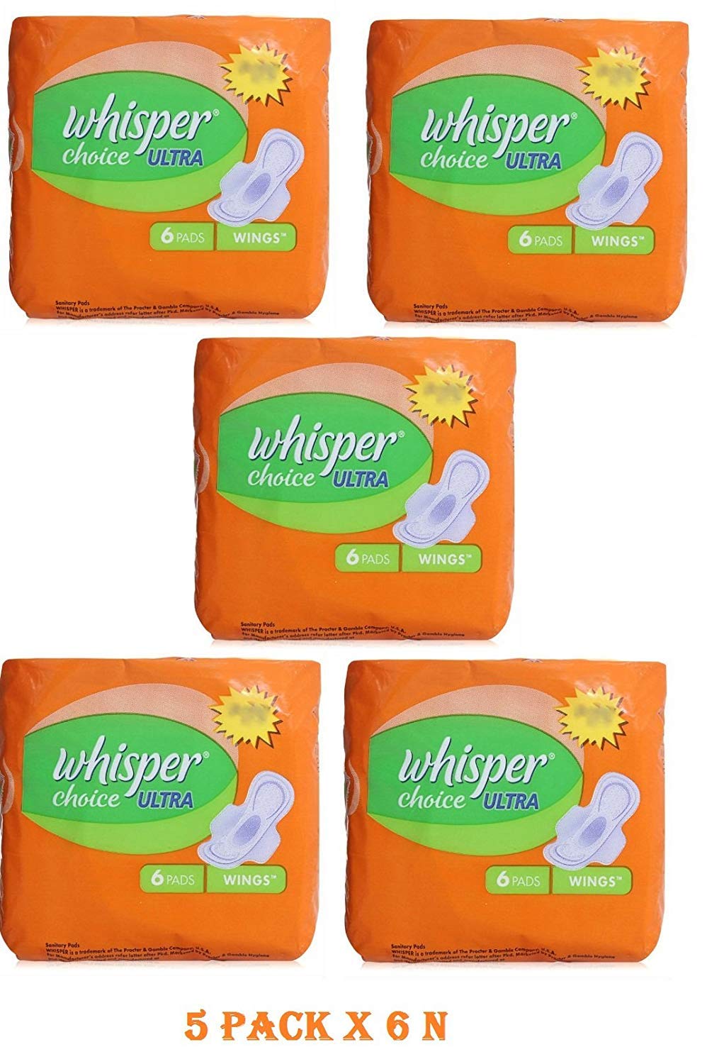 5 Pack X 6 N (30 Pads) Whisper Choice Ultra for Women Flexi Absorb System