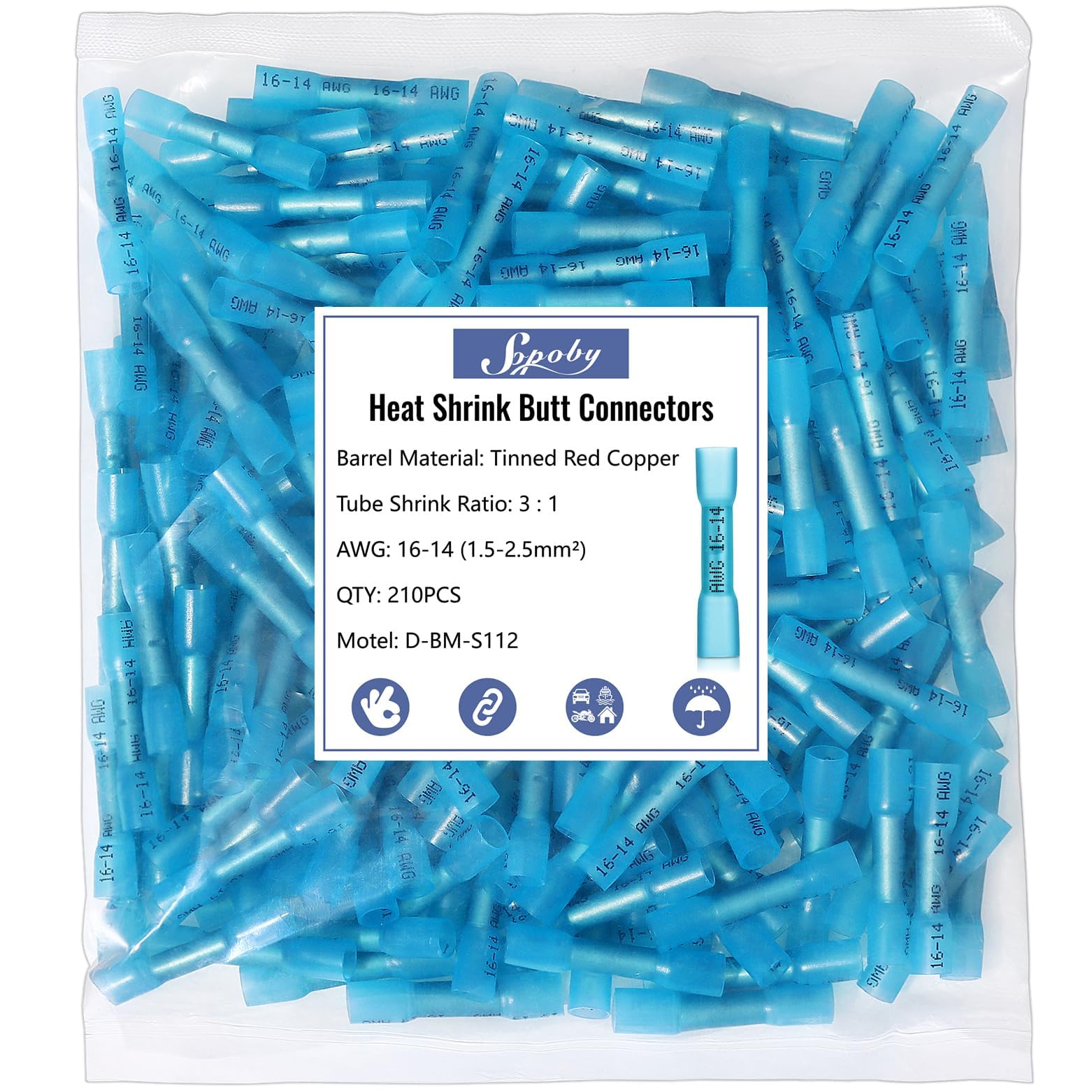 Heat Shrink Butt Wire Connectors, Sopoby 210Pcs 16-14 AWG Blue Insulated Waterproof Electrical Wire Connectors Automotive Marine Grade Wire Crimp Terminals Butt Splices, Ideal for Boat, Truck, Blue