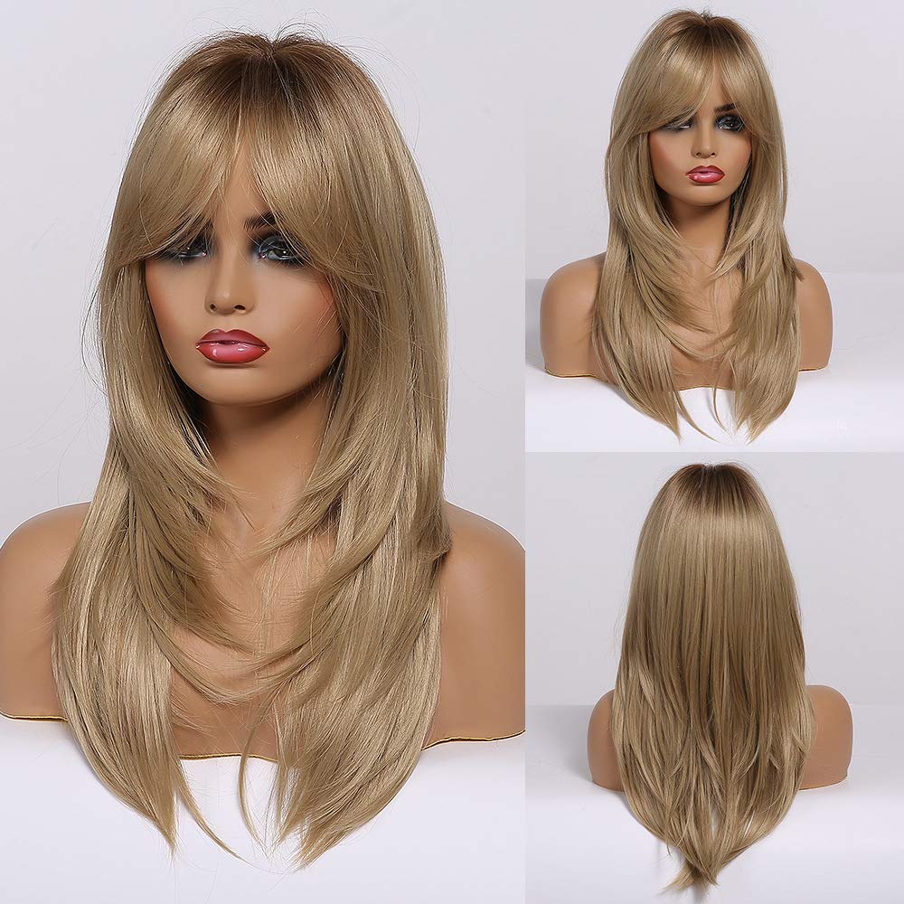 Long Ash Blonde Wigs for Women,Layered Synthetic Hair Wig for Daily Party