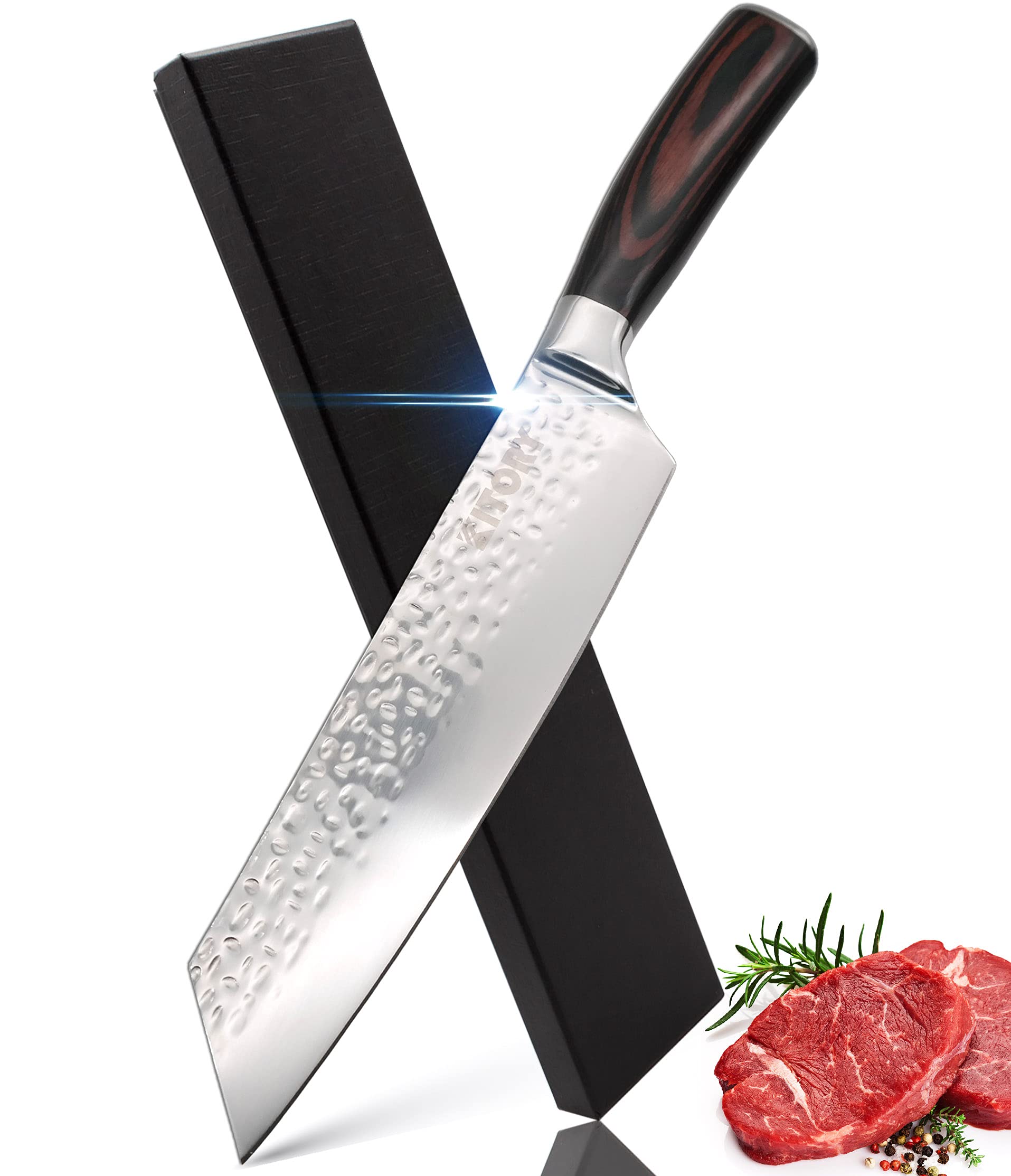 Kitory Kiritsuke Chef Knife 8" Japanese Kitchen Knife for Cutting Meat and Vegetables - Ergonomic PakkaWood Handle - Exquisite Hammered Finish Non-Slip Texture