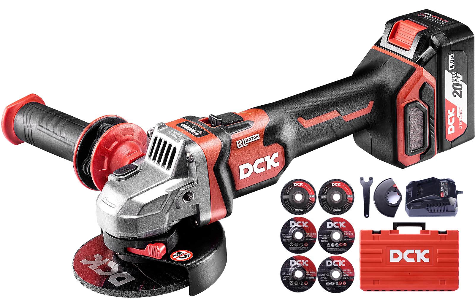 DCK20V Cordless Angle Grinder, 4-1/2 Inch Brushless Power Grinder Tool with 4000mAh Battery, 6 Piece Discs (2 Cutting/2 Grinding/2 Polishing), Tool-Free Guard, Drop Control & Overload Protection