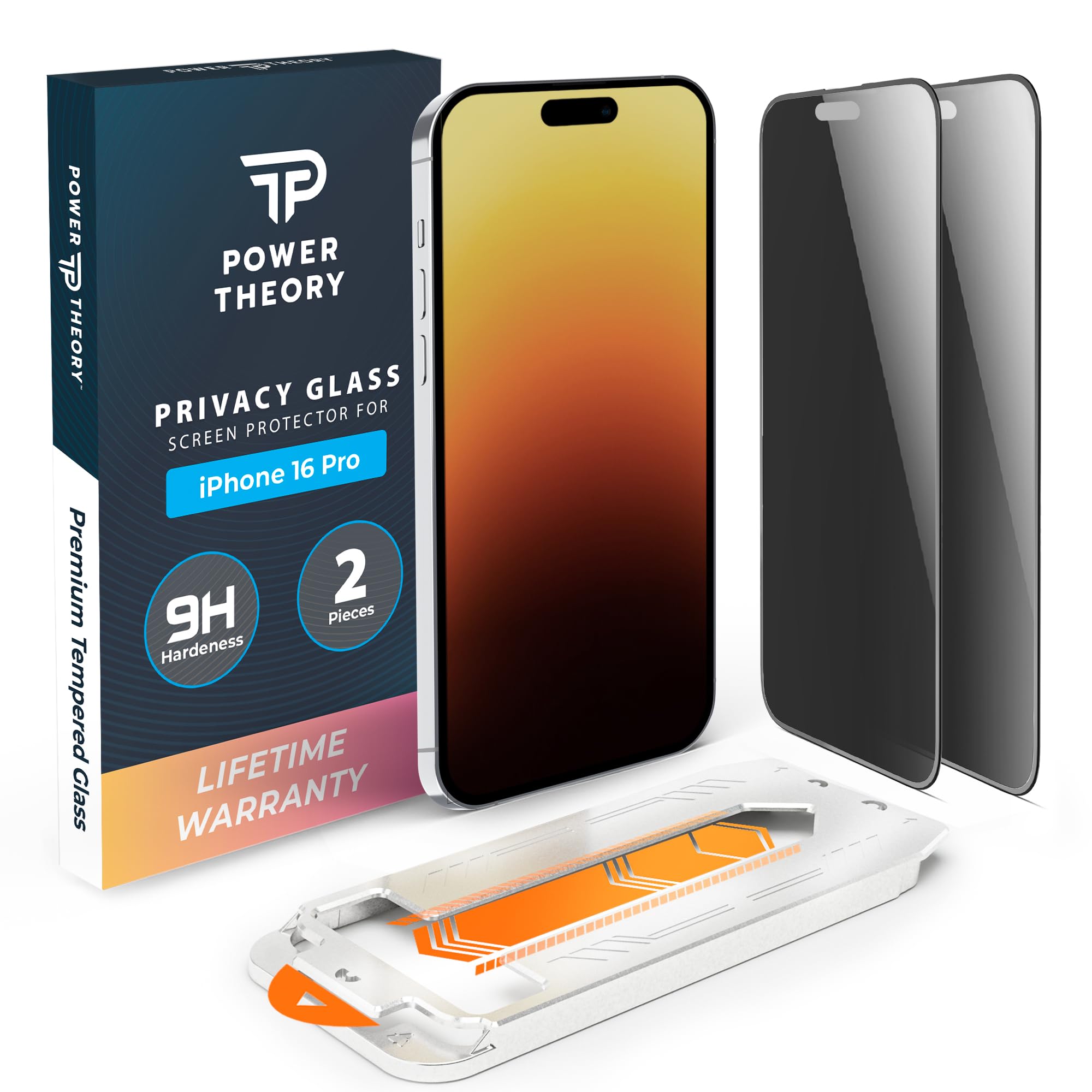 Power Theory compatible with iPhone 16 Pro Privacy Screen Protector Shatterproof Tempered Glass, 2 Pack, Easy installation, Anti-Spy, Bubble Free, Case Friendly, Anti-Scratch, Anti-Smudge