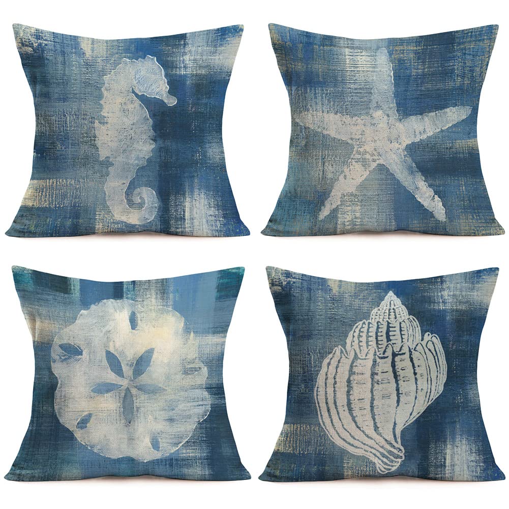 Qinqingo Navy Blue Nautical Ocean Theme Throw Pillow Covers with Seahorse Starfish Sand Dollar Conch Vintage Decorative Pillow Cases 18x18 Inch Set of 4 for Outdoor Couch Sofa