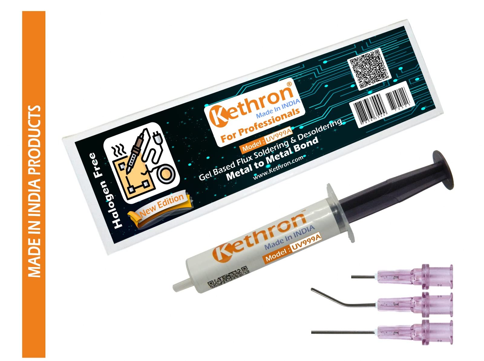 Kethron® Original UV999A Gel Base Soldering & Desoldering Flux for Strongest Bond on Metal | Iron | Nickel | Stainless, Carbon, & Alloy Steel, Copper, Zinc, Brass, Lead, Tin (+3 Needle tip)