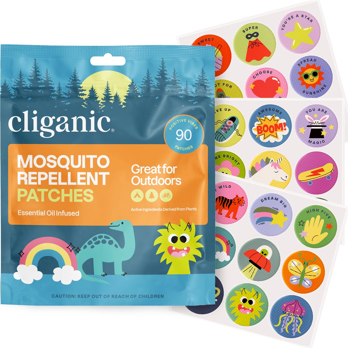 CliganicMosquito Repellent Stickers (90 Pack) - Positive Vibes Patches for Kids, Natural DEET-Free, Essential Oil Infused