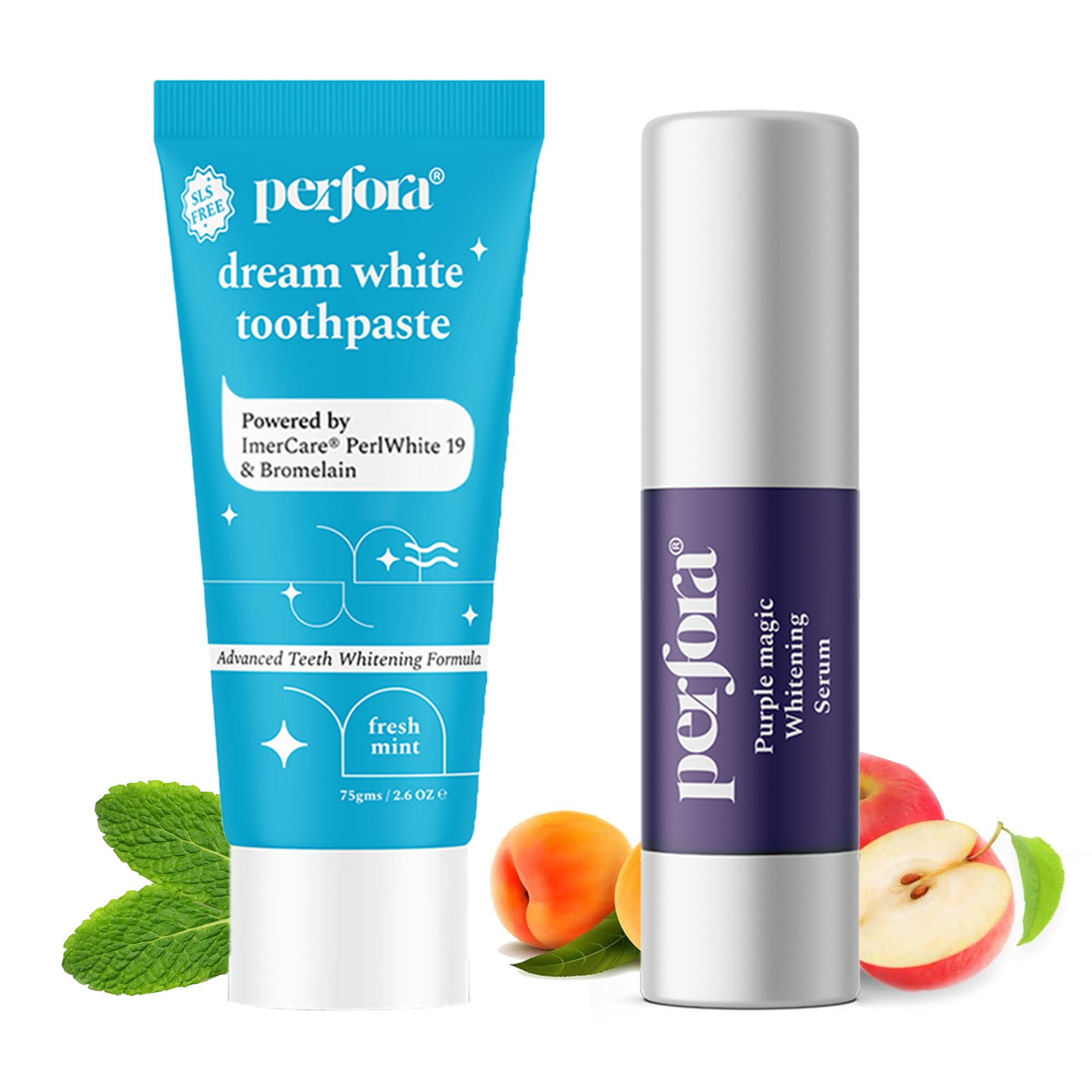 Perfora Teeth Whitening Combo | Purple Serum & Dream White Toothpaste | SLS & Fluoride Free Tooth paste | N-Ha For Teeth Remineralisation | Enamel Safe & Effective Teeth Whitener Solution | 75g + 30ml