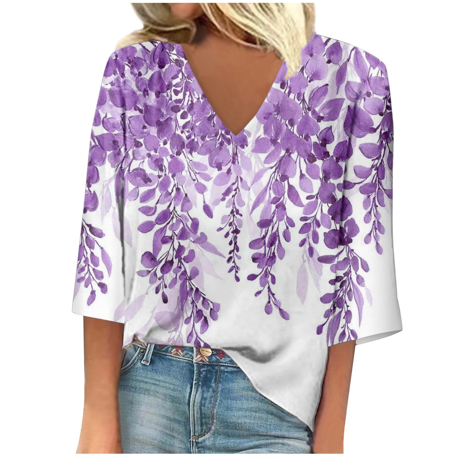 Tshirts Women UK V Neck 3/4 Sleeve Polyester Graphic Print Airy Regular Fit Ladies Summer Tops Elegant Trendy Gym Top Tees Blouse Women's T-Shirts Relaxed Elastic Yoga Top Multicolour S-3XL