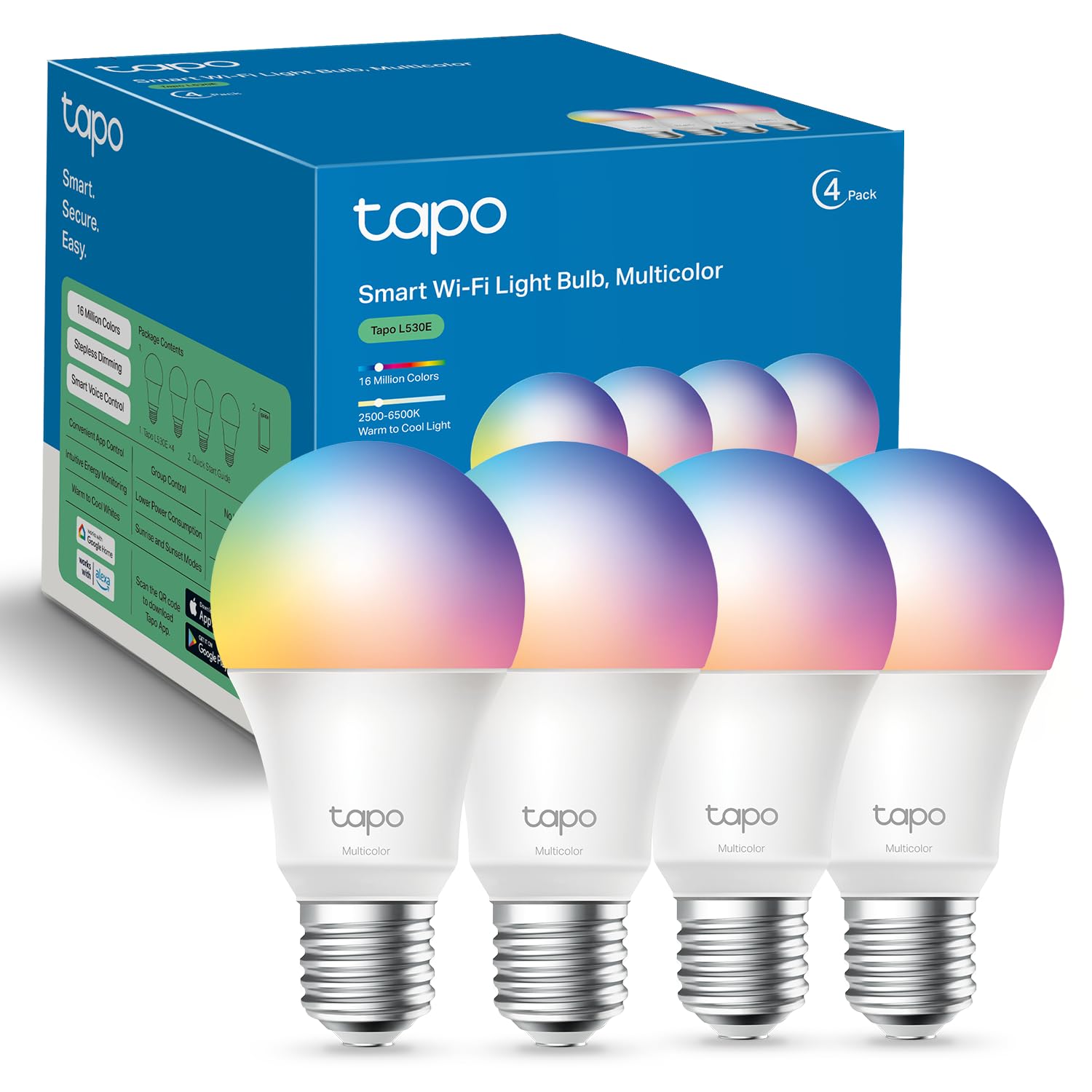 TP-Link Tapo Smart Light Bulbs, 16M Colors RGBW, Dimmable, Compatible with Alexa and Google Home, A19, 60W Equivalent, 800LM CRI>90, 2.4GHz WiFi only, No Hub Required, Tapo L530E(4-Pack)