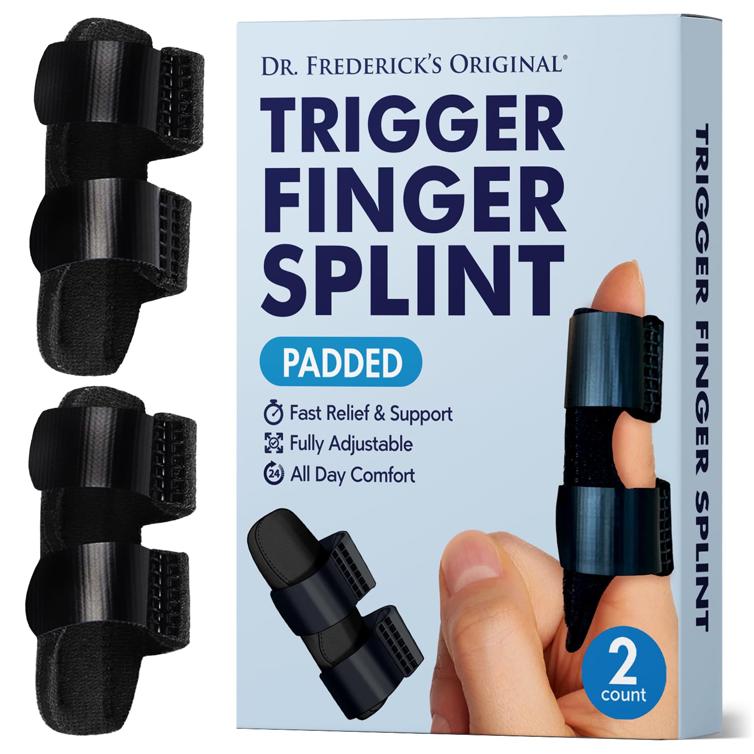 Dr. Frederick's Original Trigger Finger Splint - 2ct - Mallet Finger Splint - Finger Brace for Arthritis, Injury, Sprain - Fits Index, Middle, & Ring Finger Pain