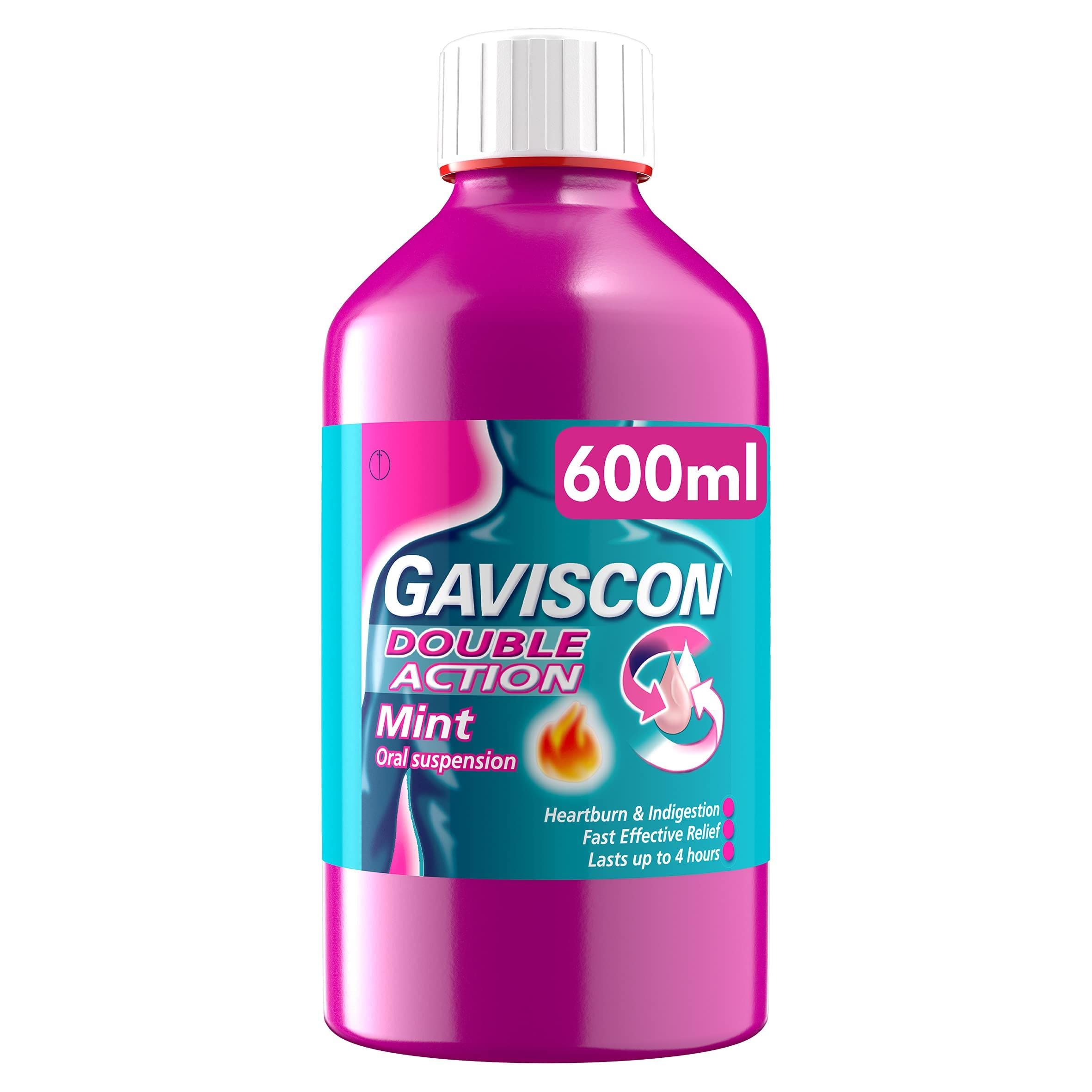 GavisconDouble Action Liquid, Mint Flavour, 600ml, Heartburn Relief, Indigestion Relief , Stomach Pain Relief, Acid Reflux Relief, Digestive Health, Long Lasting, Suitable For Pregnancy, Antacids