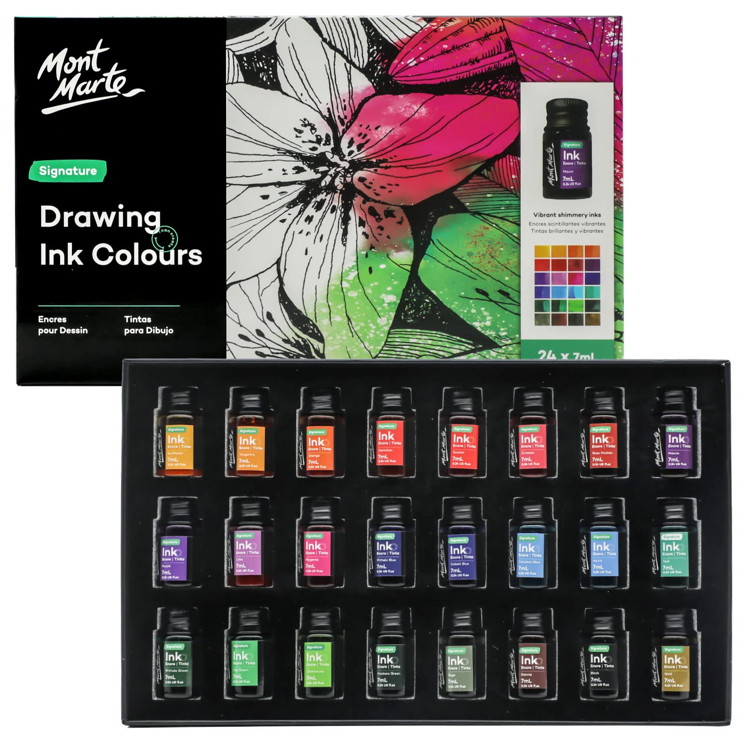 Mont MarteDrawing Ink Colors Signature 24pc x 0.24 US fl.oz (7ml), Art Set includes Vibrant Ink Colors, for Illustration, Calligraphy, Scrapbooking.