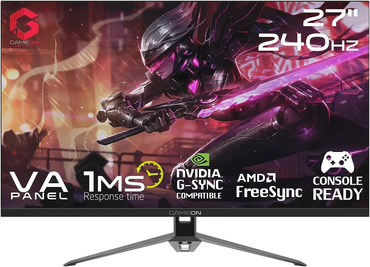 GAMEON GOP27FHD240VA Gaming Monitor, 27 Inch, FHD Computer monitor, 240Hz, 1ms, 1920x1080, Edge-lit LED, Flat VA Panel, G-Sync & Free Sync, HDMI 2.1 Console Compatible, Black