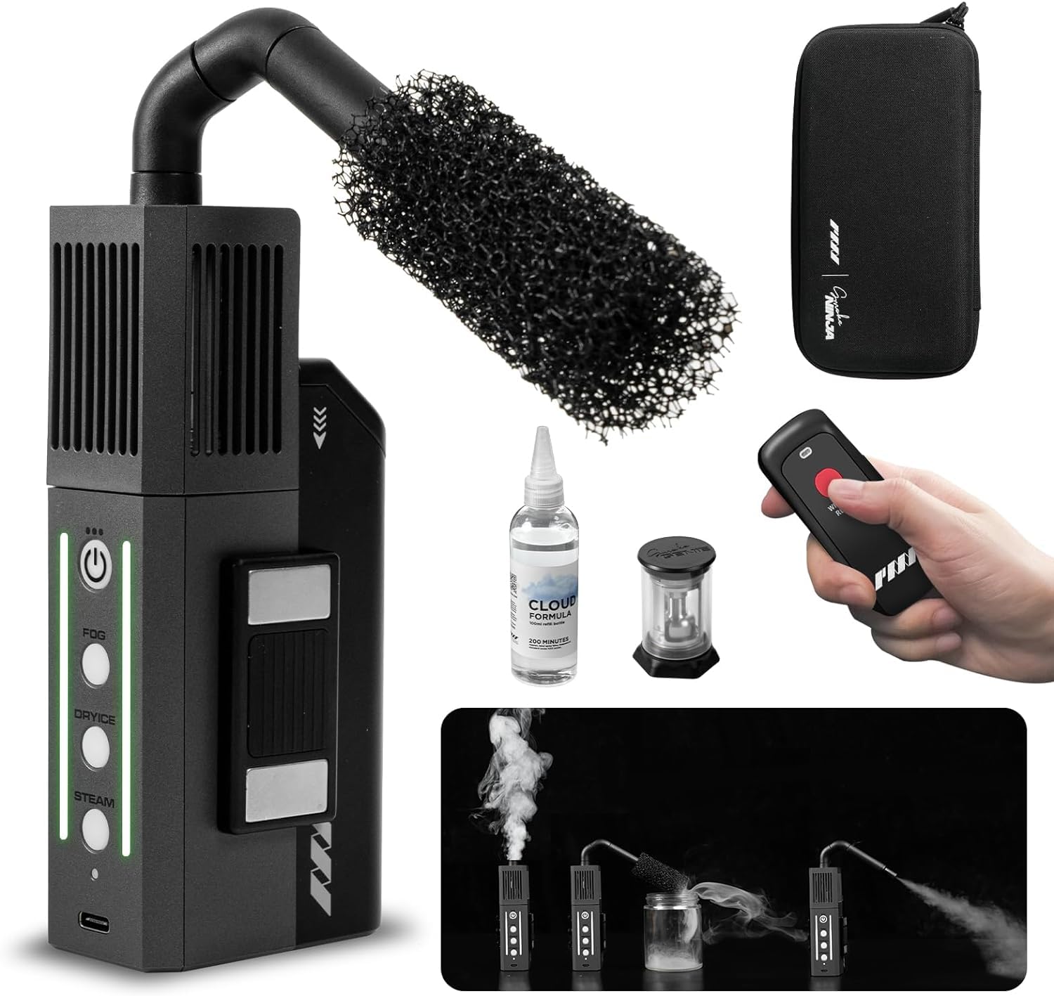 Smoke Ninja - Wireless Handheld Mini Fog, Steam and Dry Ice Effect Machine - Entry-Level, Battery Powered, Portable with 3 Settings, Fog, Steam and Dry Ice for Photography, Film Sets and Studios