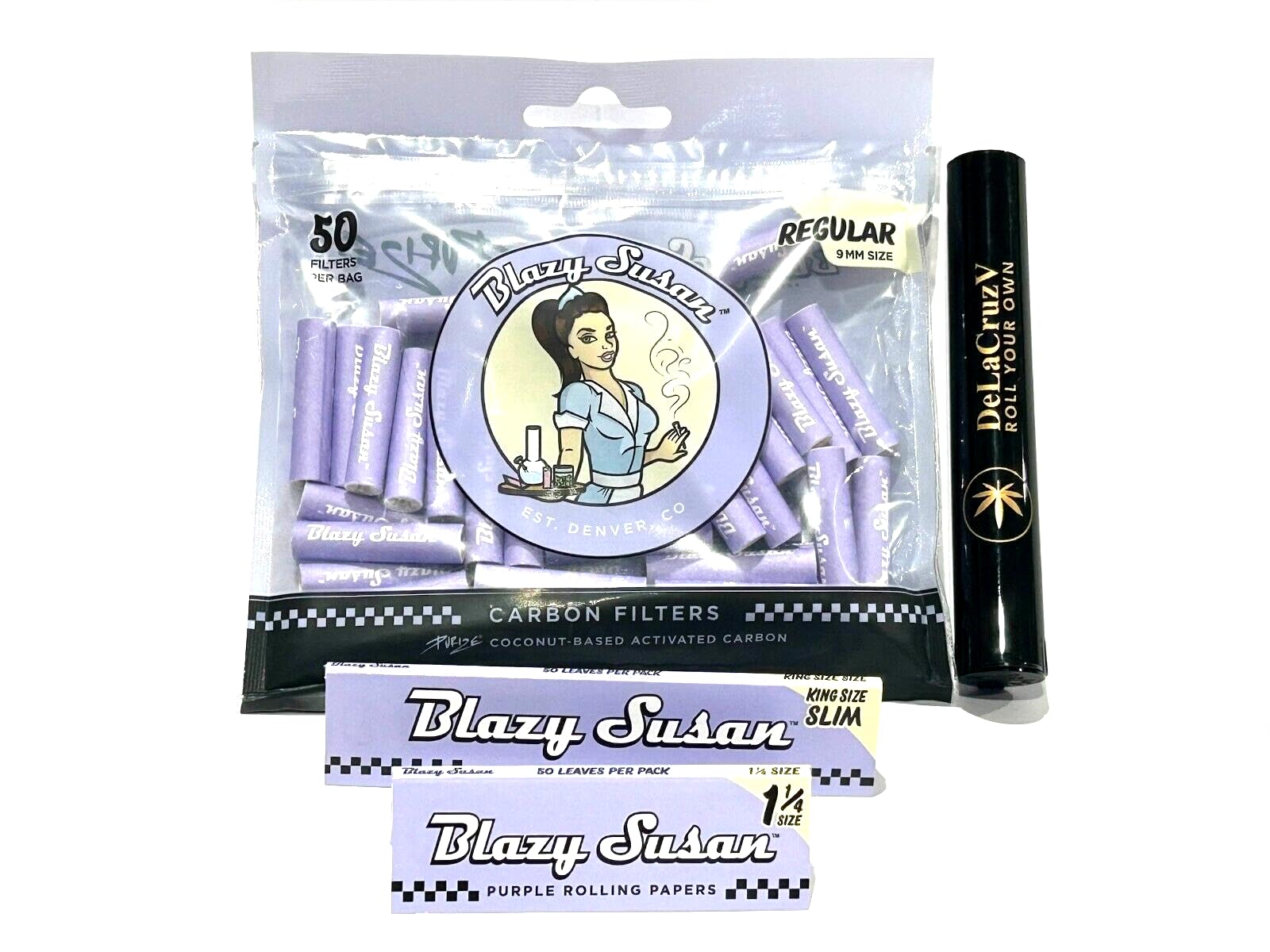 Blazy Susan Purple Activated Carbon Filter Tips | Regular Size 9MM| 50ct Bag-Bundle with DeLaCruzV Tube.