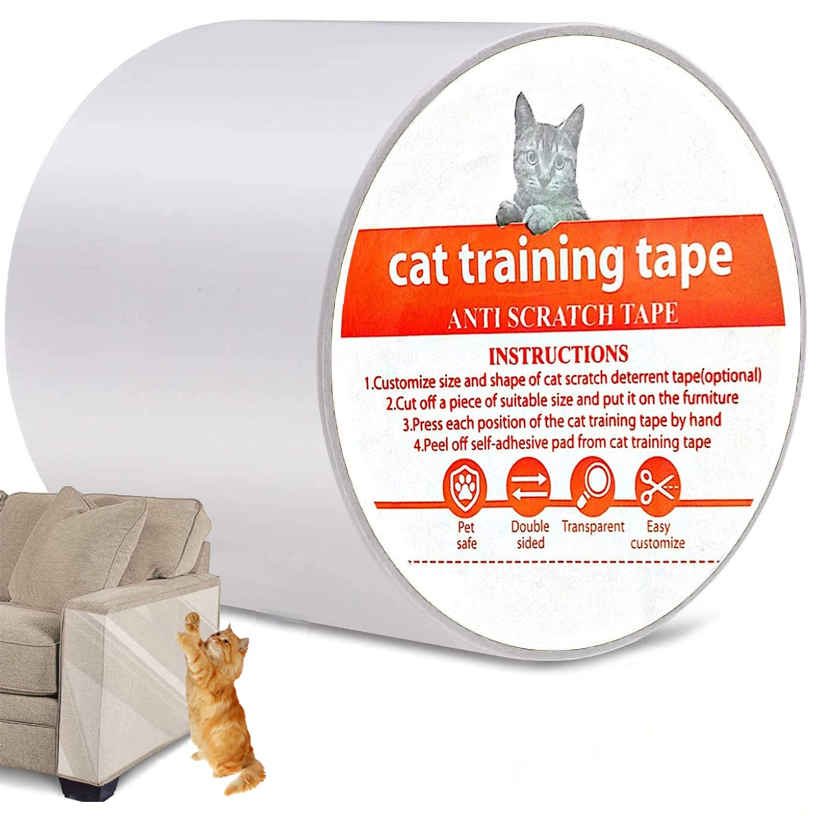 Clear Double Sided Cat Scratch Training Deterrent Tape, Proxima Direct Anti-Scratch Cat Training Tape, 3 Inches x 30 Yards Furniture Protector,Cat Couch Protector Cat Sticky Paws Tape for Furniture