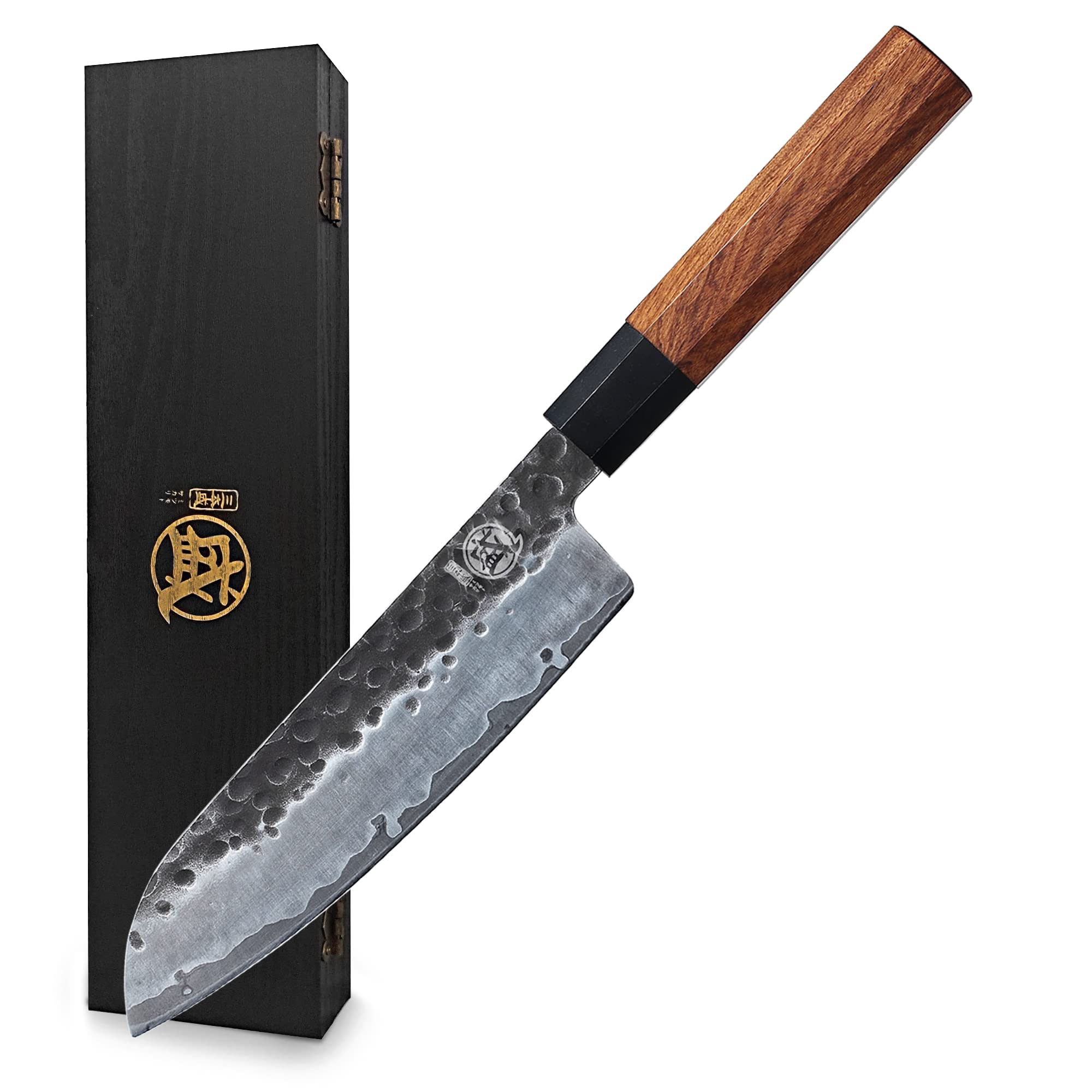 MITSUMOTO SAKARIProfessional Japanese Knife, 7 inch Hand Forged Santoku Kitchen Knives, High Carbon Stainless Steel Chef Cooking Knife (Rosewood Handle & Sandalwood Box)