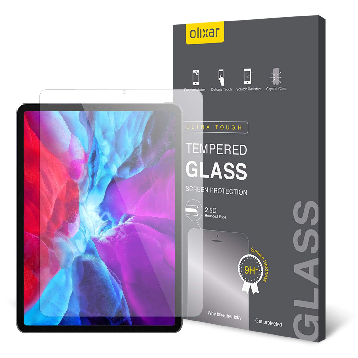 Olixar for iPad Pro 12.9 Inch 2020 Screen Protector Tempered Glass - Shock Proof, Anti-Scratch, Anti-Shatter, Bubble Free, HD Clarity Full Coverage Case Friendly - Easy Application - Clear