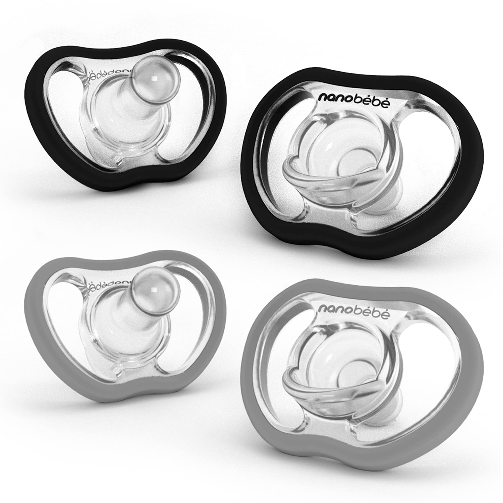 NANOBÉBÉ Active Baby Pacifiers 4+ Months Orthodontic, 100% Silicone BPA Free, Perfect Baby Registry Gift 4 pack, Black/Cool Grey