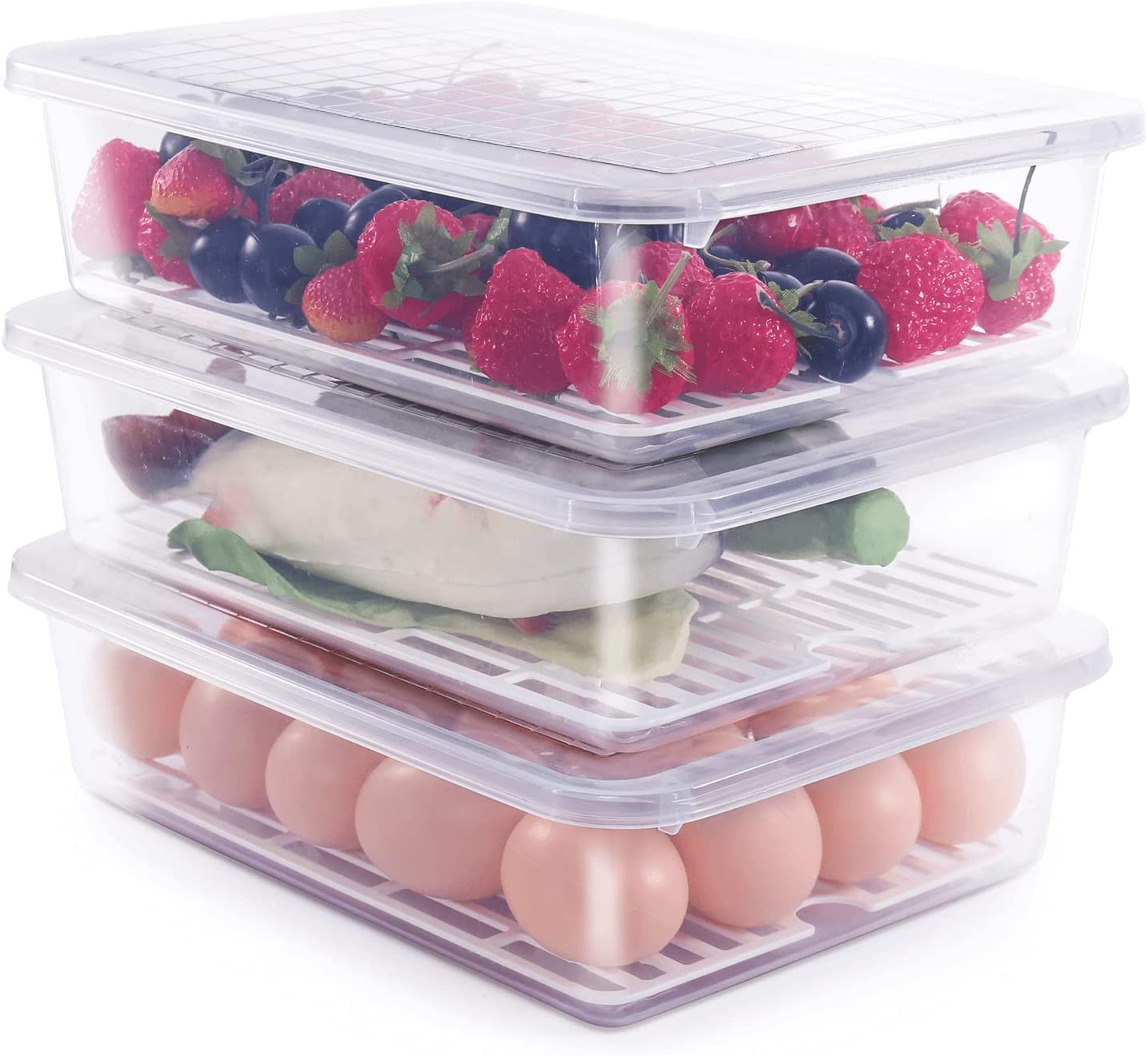 Rylan Polypropylene Fridge Storage Boxes (Pack Of 4), Fridge Organizer With Removable Drain Plate Tray Keeps Fruits, Vegetables, Meat, Fish Fresh Longer (1500 Ml),White