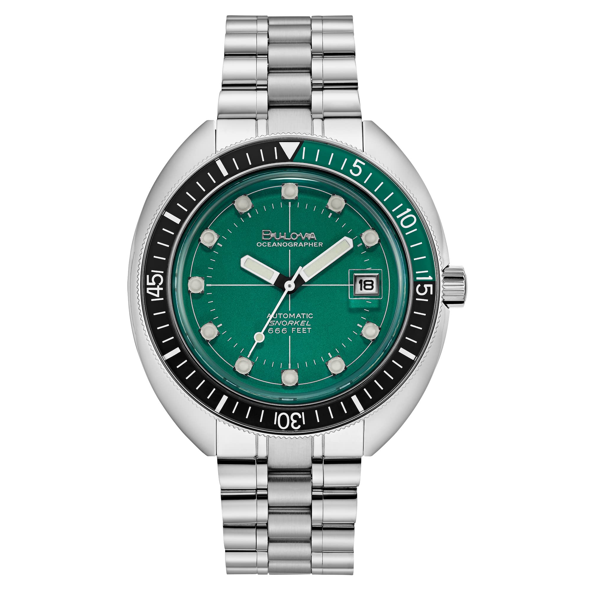 BulovaMen's Oceanographer Stainless Steel 3-Hand Automatic Watch, Green Dial Style: 96B322, Silver, Automatic Watch,Dive Watch,Mechanical