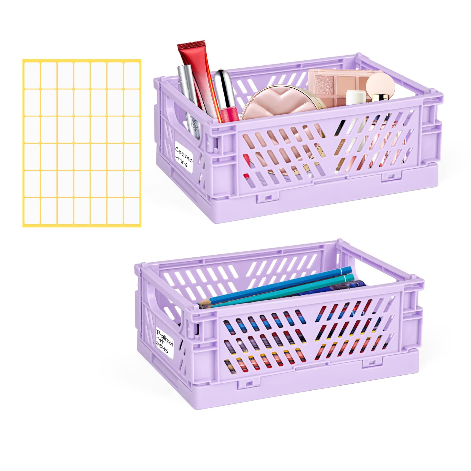 Yafeco2-Pack Collapsible Storage Box,Foldable Plastic Baskets with tags,Storage Crates for Desk Organizers Home Kitchen Bedroom Bathroom Office Tool Small Parts (purple, 5.9x3.8x2.2'')