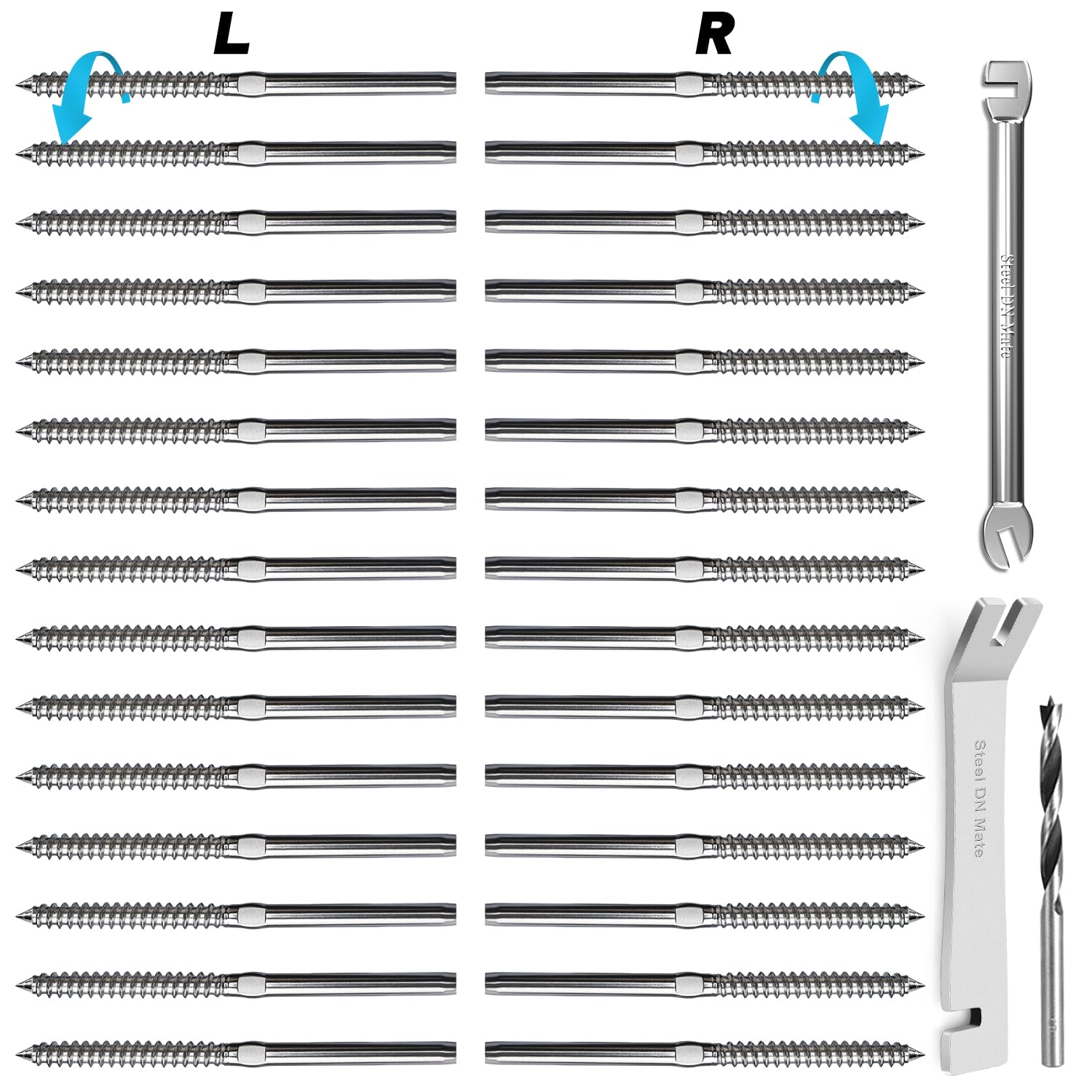 Steel DN Mate T316 Stainless Steel Left&Right Handed Thread Swage Lag Screws for Wood Post of 1/8" Deck Railing Kit, Cable Railing/Stair Deck Railing, DIY Baluster Hardware, Wrench Included (30 Packs)