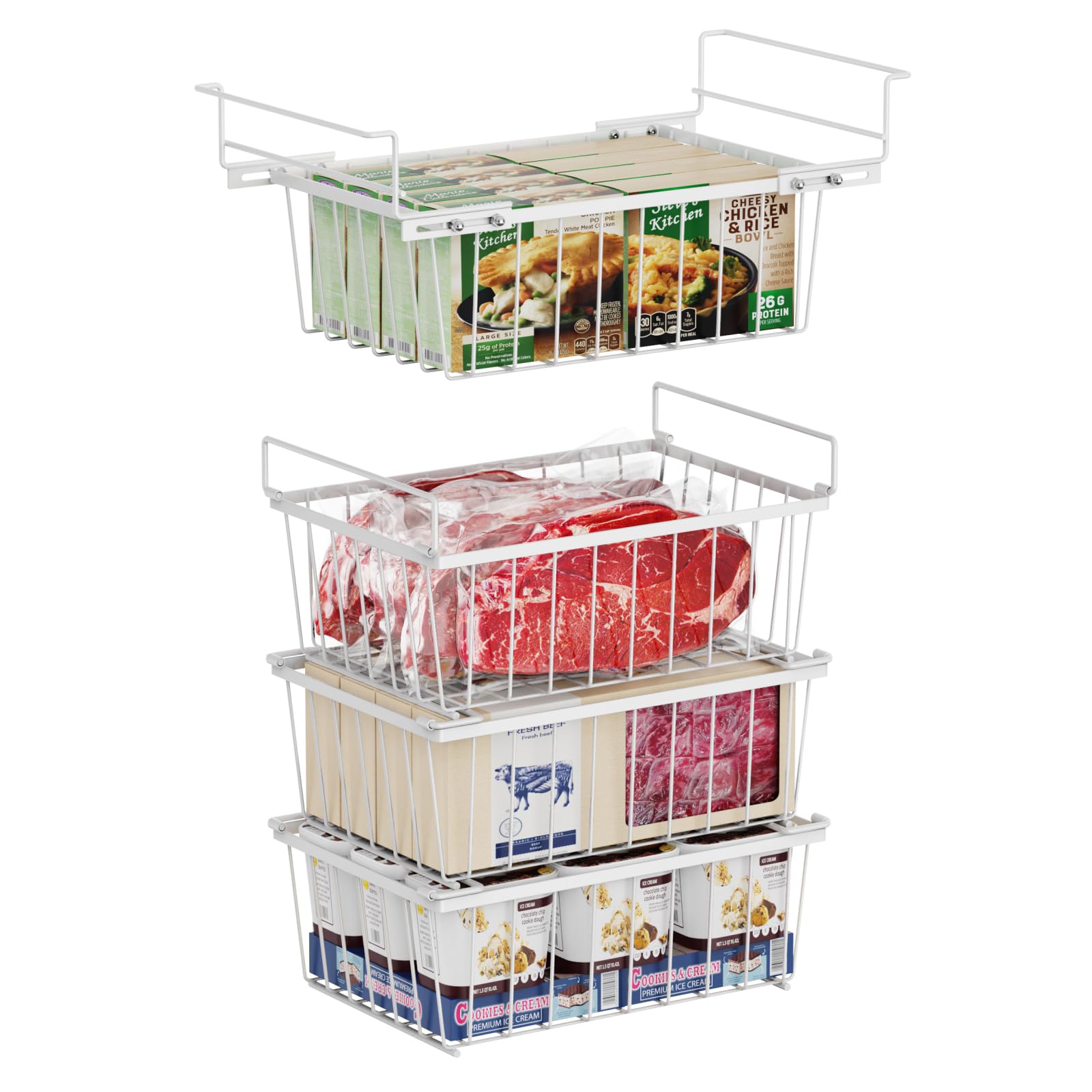 iSPECLE 4 Pack Freezer Organiser - 3 Pack Stackable Chest Freezer Baskets and 1 Pack Hanging Freezer Storage Baskets for 142L Chest Freezer Add Space Easy to Sort and Get Foods with Handles, White