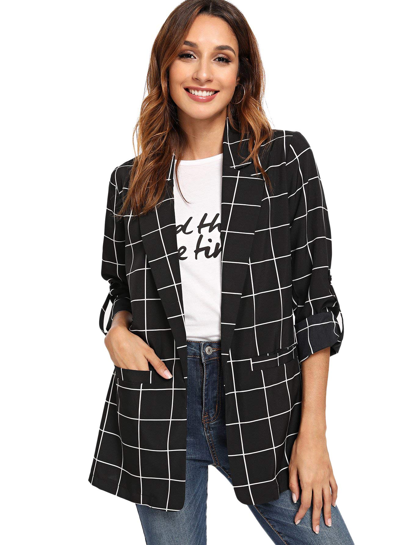 MilumiaWomen's Open Front Blazer Casual Lightweight Plaid Roll Up Sleeve Jacket Shirt