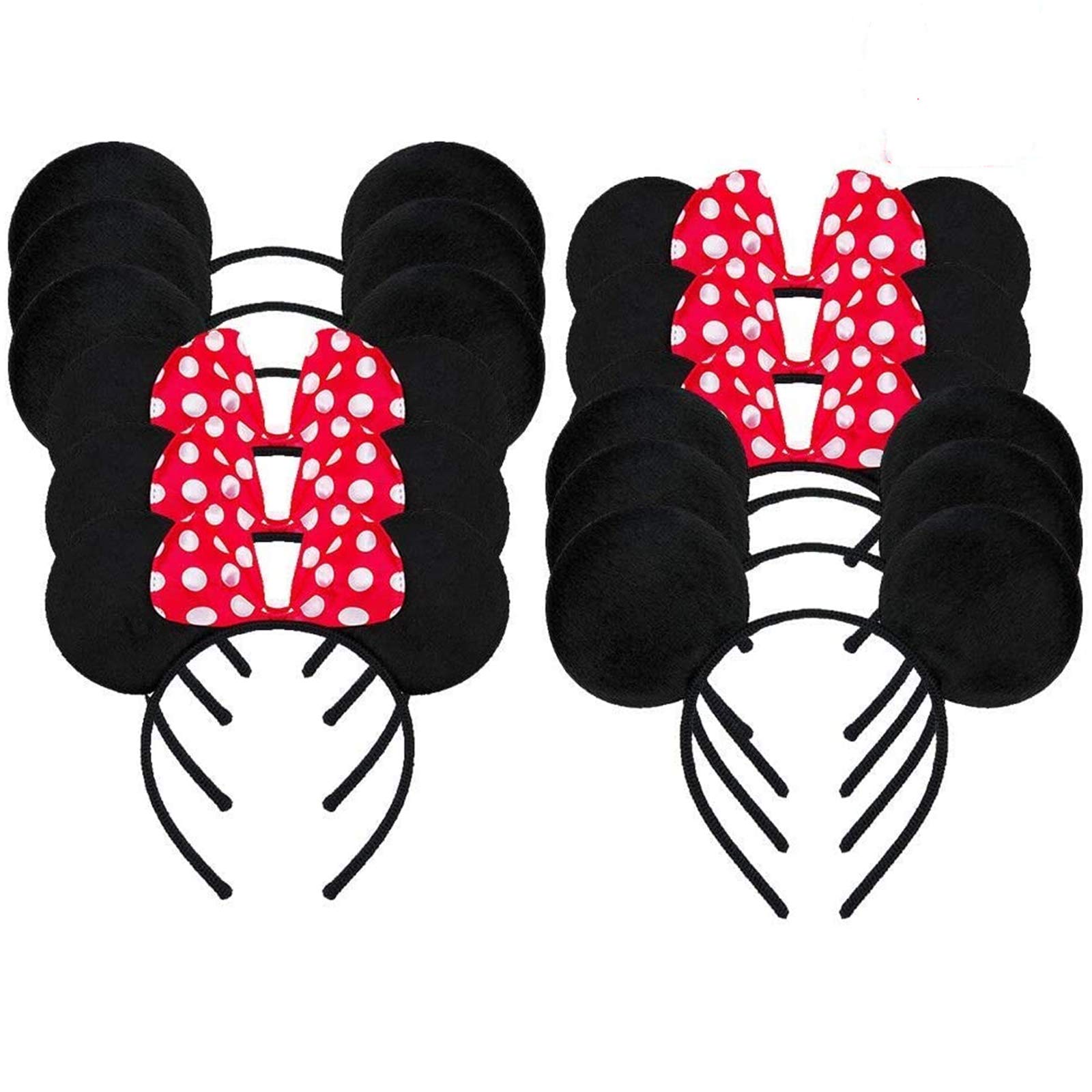 Amycute12 Pcs Mouse Ear Headband, 6 Pcs Red Bow Headbands And 6 Pcs Solid Black Headbands for Adults and Kids Birthday Party Bag Favors (12 Pcs)