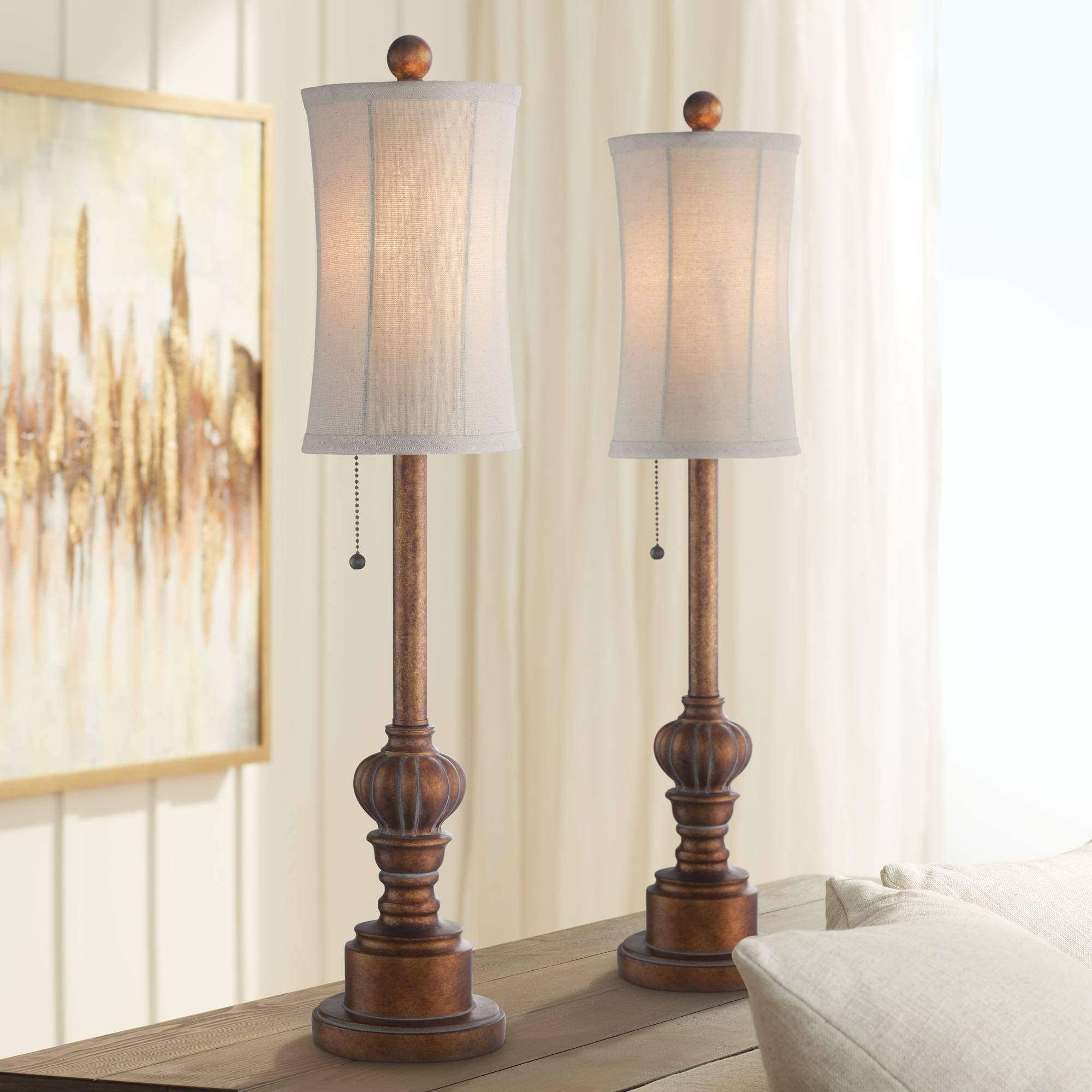 Regency HillBertie Traditional Style Buffet Table Lamps 28" Tall Skinny Set of 2 Warm Brown Wood Tone Fabric Drum Shade Decor for Living Room Bedroom House Bedside Nightstand Home Office