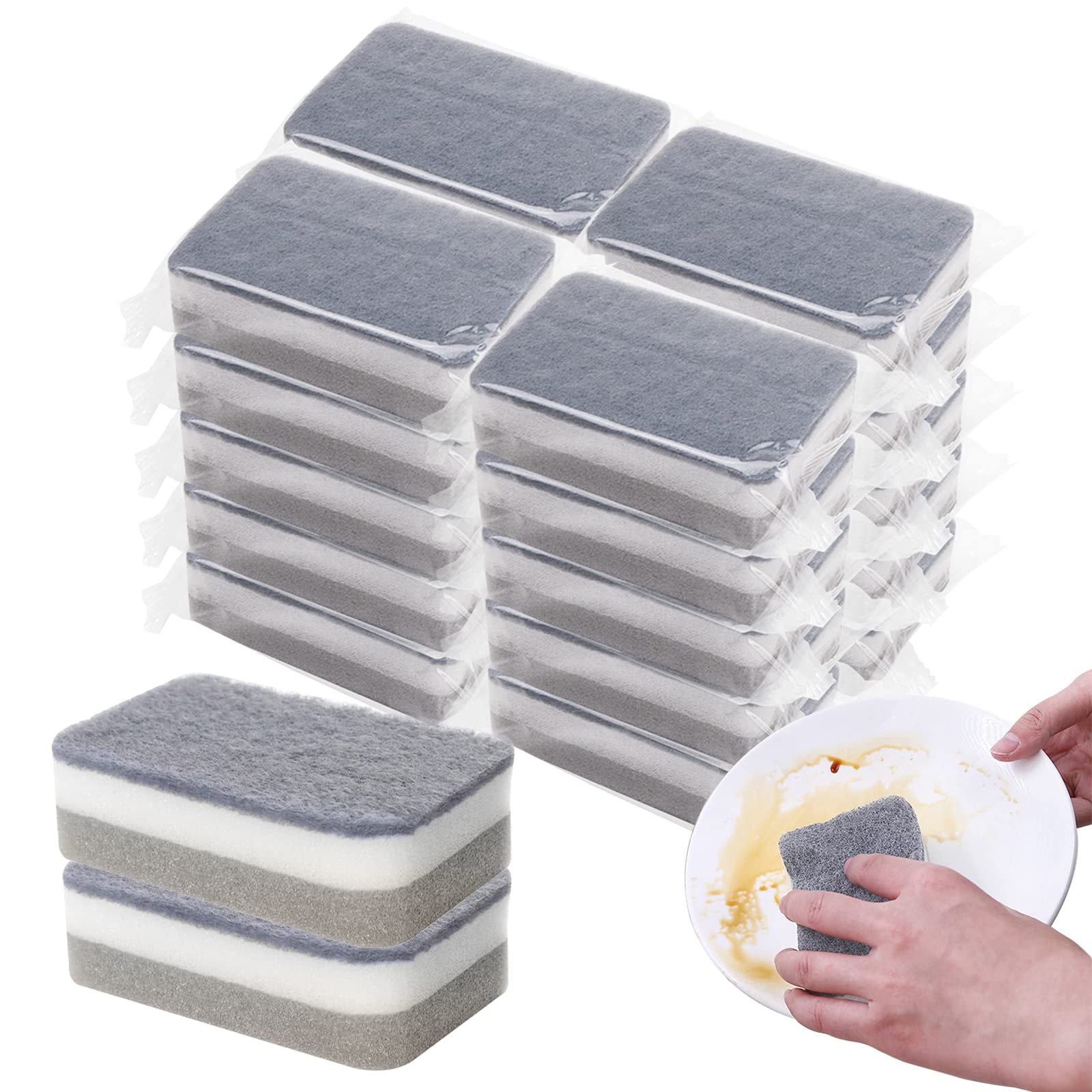 Individually Wrapped Sponges 20 Pack Kitchen Dishwashing Sponge Bulk, Non Scratch Dishes Scouring Pad Dishcloth, Odor-Free Sponge Wipes for Household Cleaning Dishes Travel Apartments - Grey