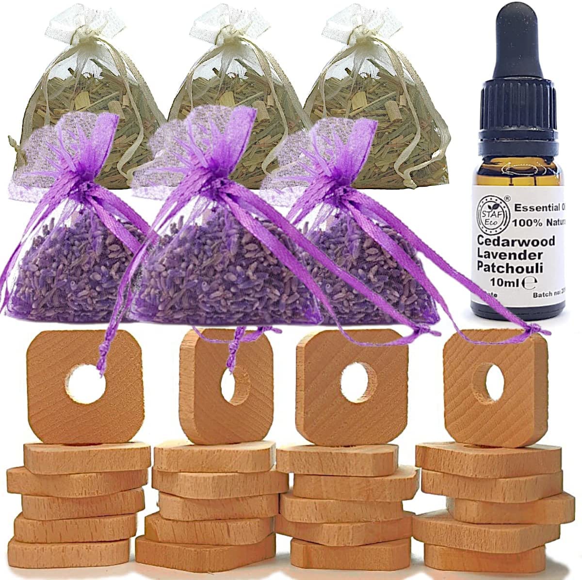 STAFECOMoth Repellent for Wardrobes Drawers Anti Moths Natural Wood Rings with Oil (Lavender Cedarwood Patchouli) Lavender Lemongrass bags(Medium A)