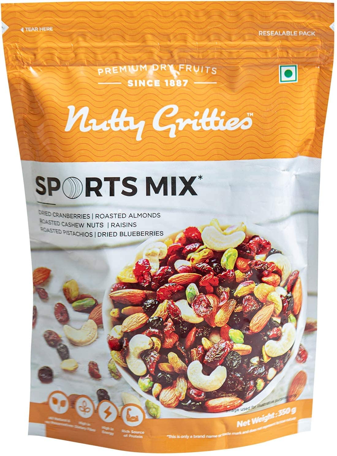 Saheb Nutty Gritties Sports Mixed Nuts and Dry Fruit - Roasted Almonds, Cashews, Pistachios, Dried Blueberries, Cranberries and Raisins, Healthy Snack for all - 350g