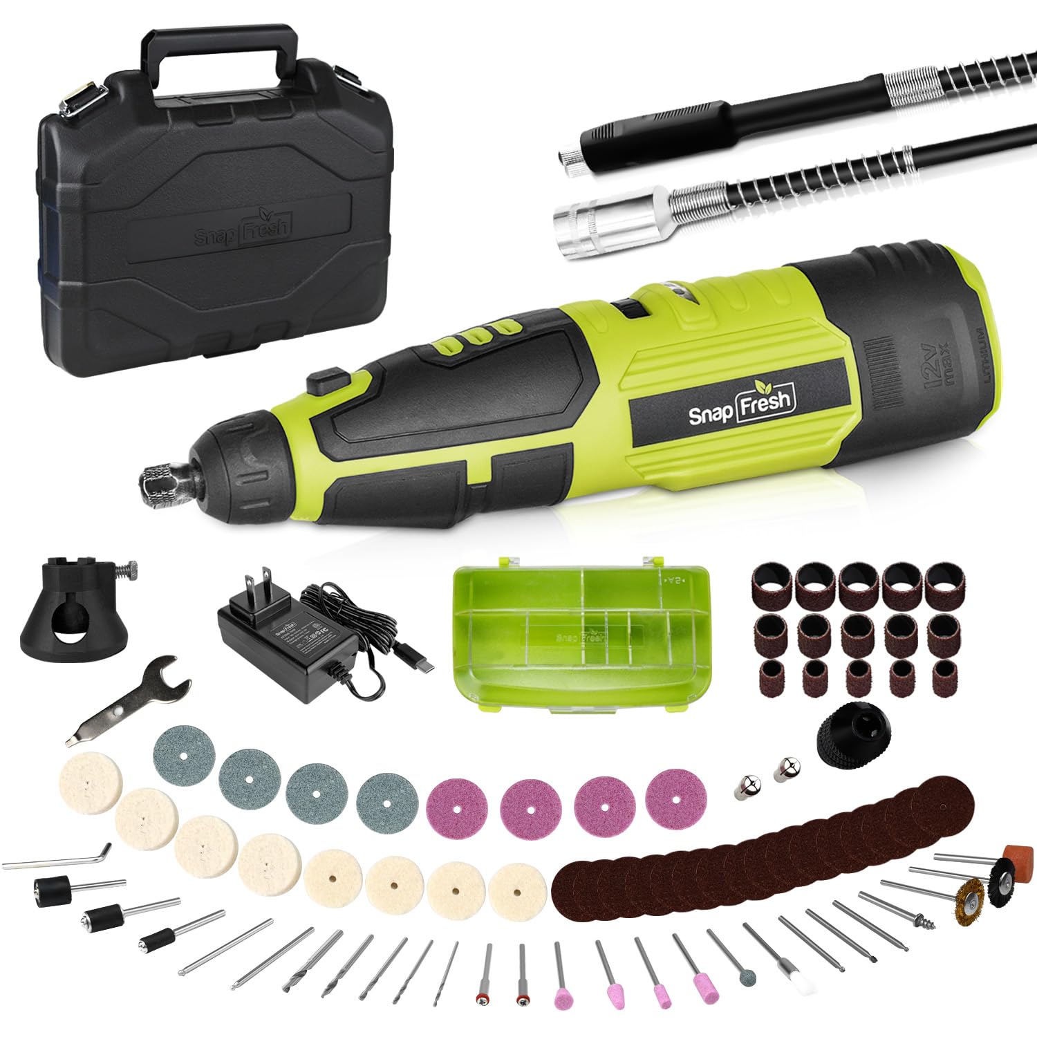 SnapFresh12V Cordless Rotary Tool Kit,7 Variable Speeds W/Flex Shaft,80+accessories-Universal Keyless Chuck,Battery Fast Charger & Tool Bag-for Cutting, Sanding, Polishing, Drilling,Crafts and DIY