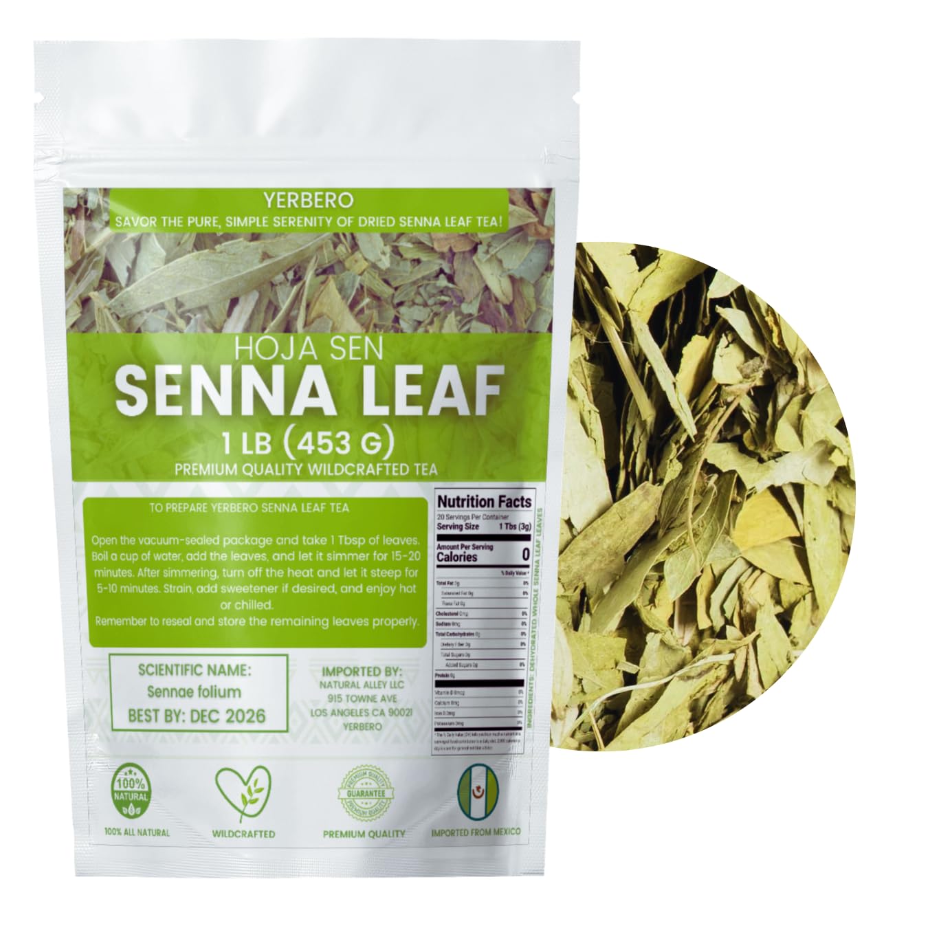 Yerbero - Senna Leaf Loose Herbal | Senna alexandrina | Hoja Sen Entera Deshidratada| Dried Whole Leaves For Brewing Teas, Cut & Sifted Herbs, Non-GMO, Gluten-Free | Wildcrafted 100% All Natural. (1 Lb (16oz))