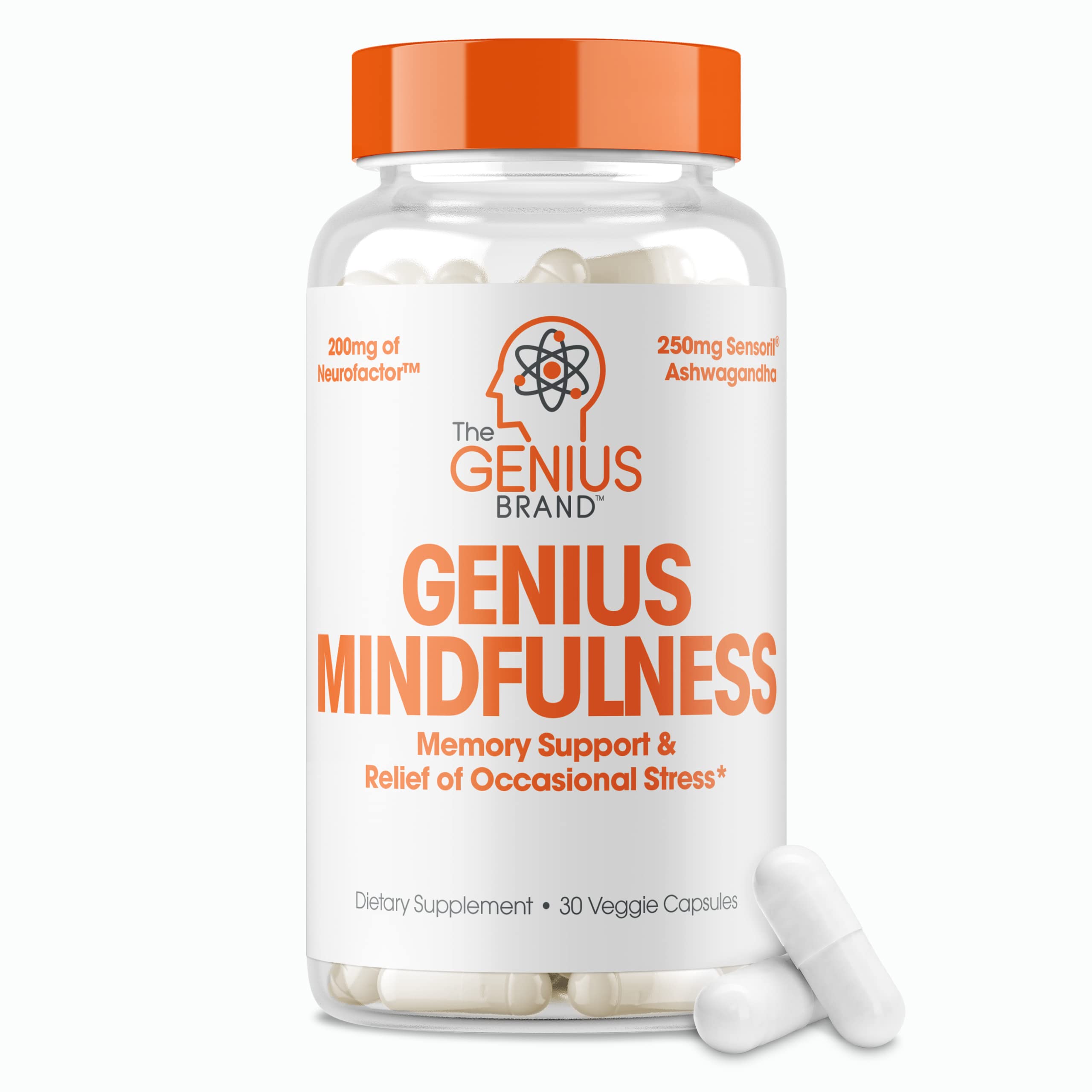 Genius Mindfulness Supplement, Nootropic Cognitive Brain Booster Enhances Memory, Focus & Energy - Natural Calming Supplement with Ashwagandha, NeuroFactor, & Blueberry Extract - 30 Veggie Capsules