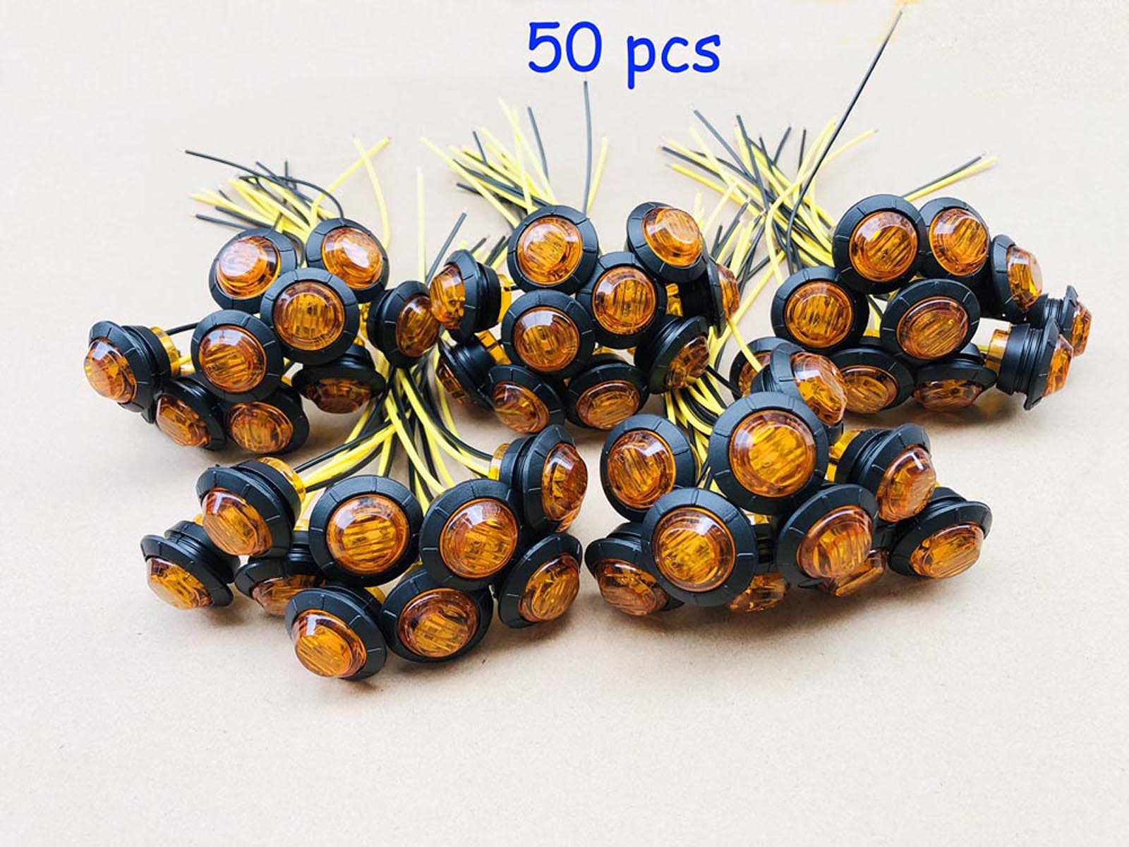 Pack of 50pcs 3/4 Inch Mini Small Round Amber LED Side Marker Indicator Turn Signal Light Clearance Lamp Truck Trailer Bus Marine RV Automobiles Flatbed Waterproof 12V DC with rubber grommets