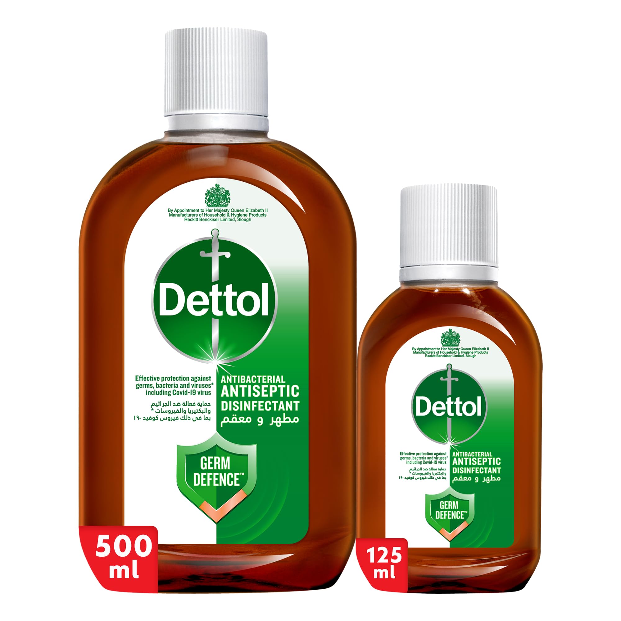 DettolAntiseptic Antibacterial Disinfectant Liquid for Effective Germ Protection & Personal Hygiene, Used in Floor Cleaning, Bathing and Laundry, 500ml and 125ml (Pack of 2) (Packaging may vary)