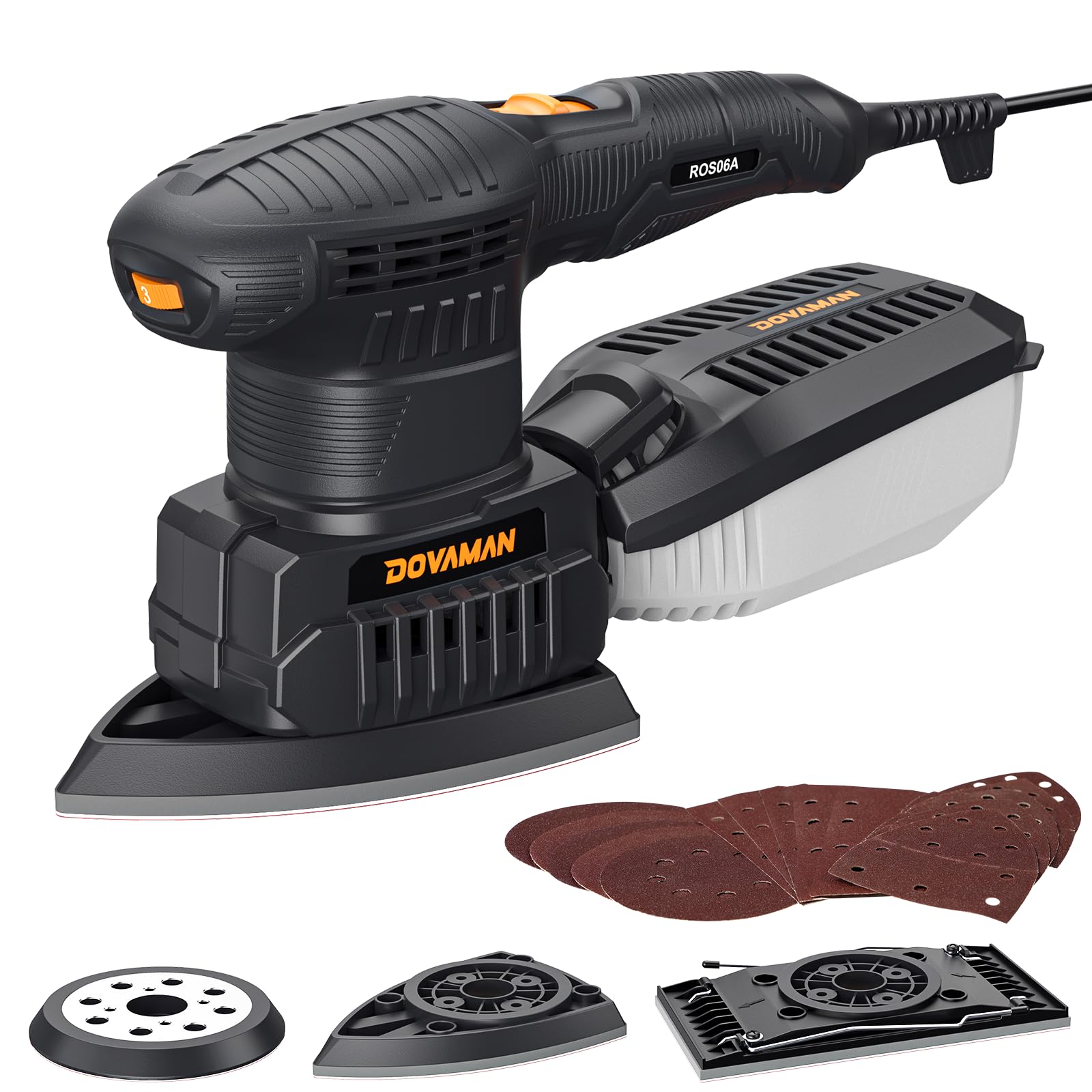 DOVAMAN ROS06A 3-in-1 Multi-Function Sander, 200W Multi Sander Tool, 6 Speeds, 15 Sandpapers, Low Vibration, Dust Collection, Electric Sheet/Orbital/Detail Sander for Wood and Steel Surfaces